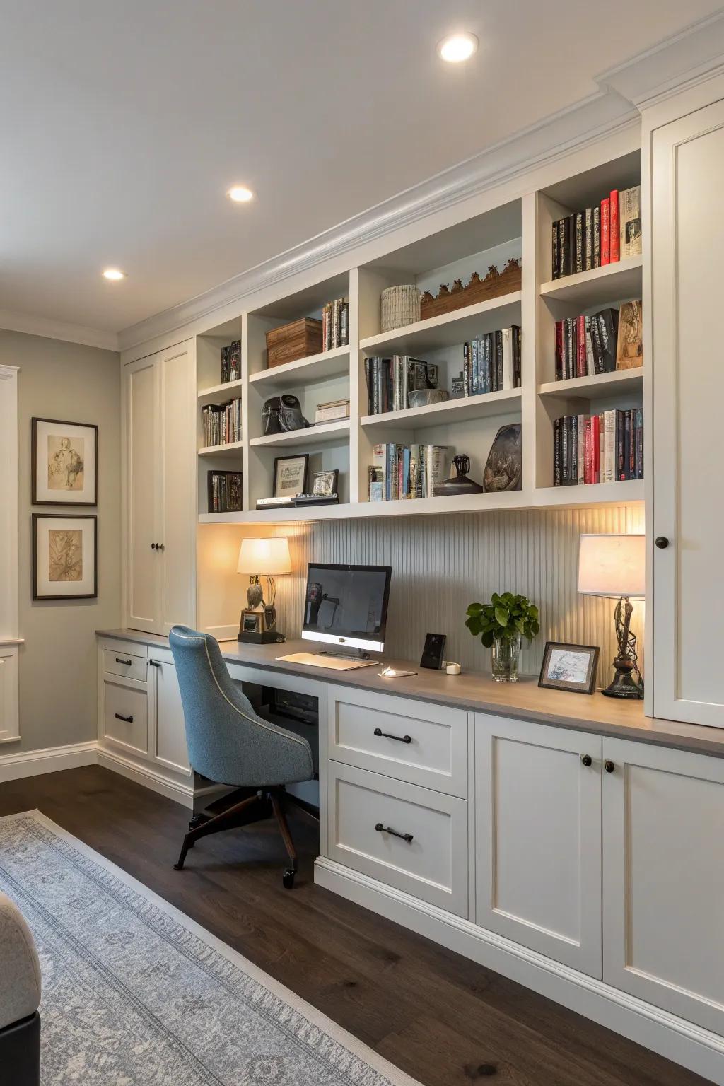 Amplify vertical space by installing refined cabinets stretching from the floor to the ceiling.