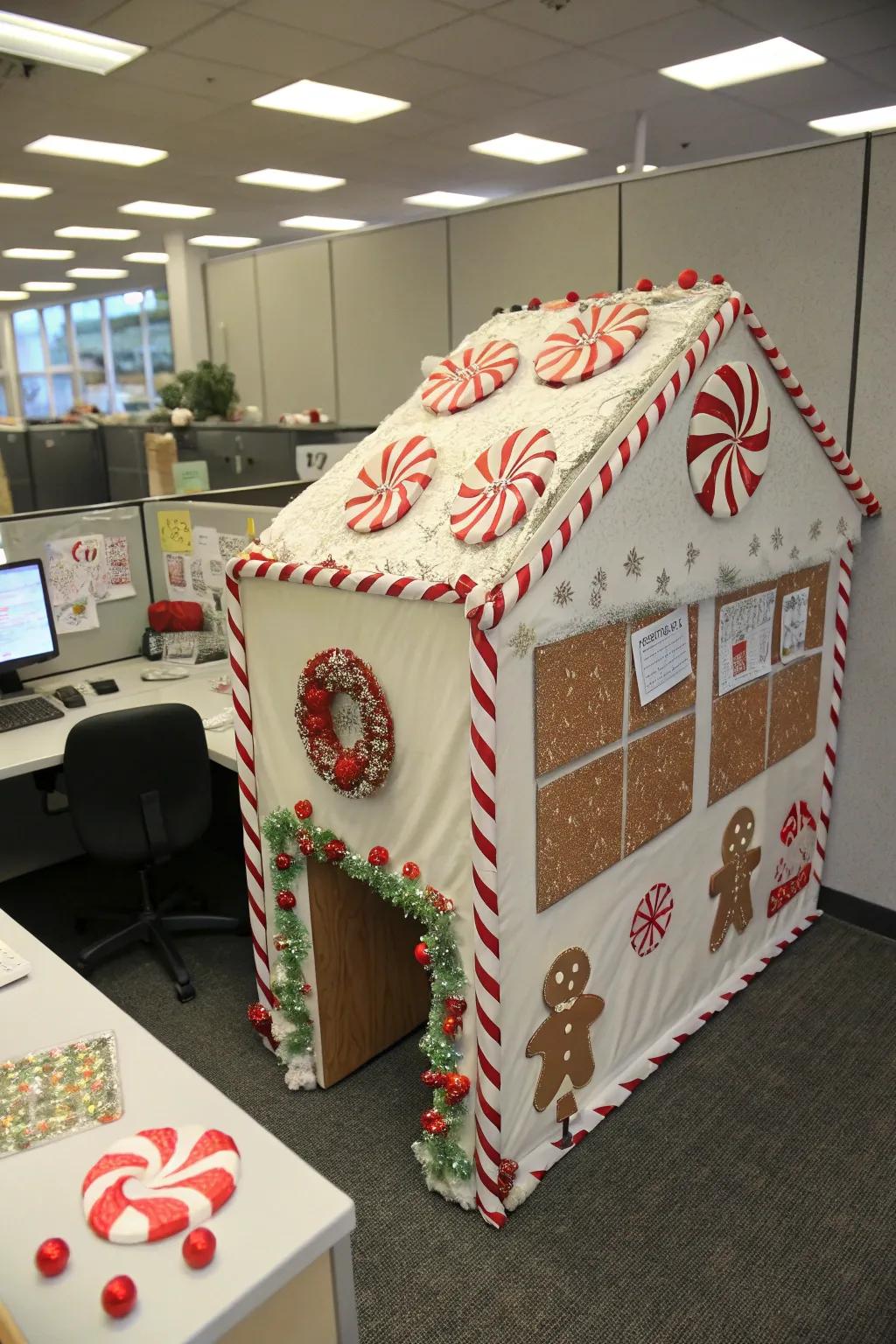 Cubicles fashioned into gingerbread cottages leave a delightful mark.