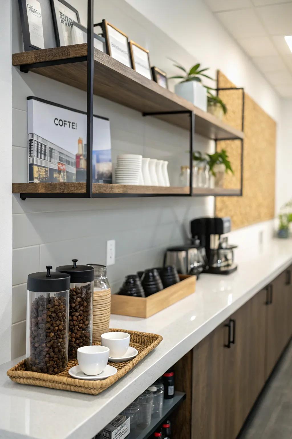 A minimalist coffee station integrates seamlessly into any office setting.