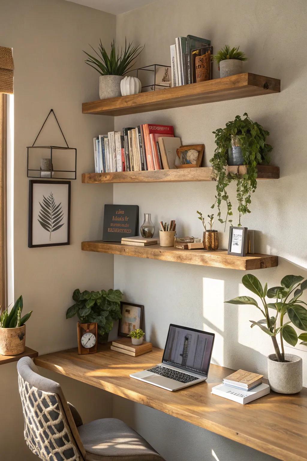 Elevated timber ledges infuse your workspace corner with warmth and sophistication.
