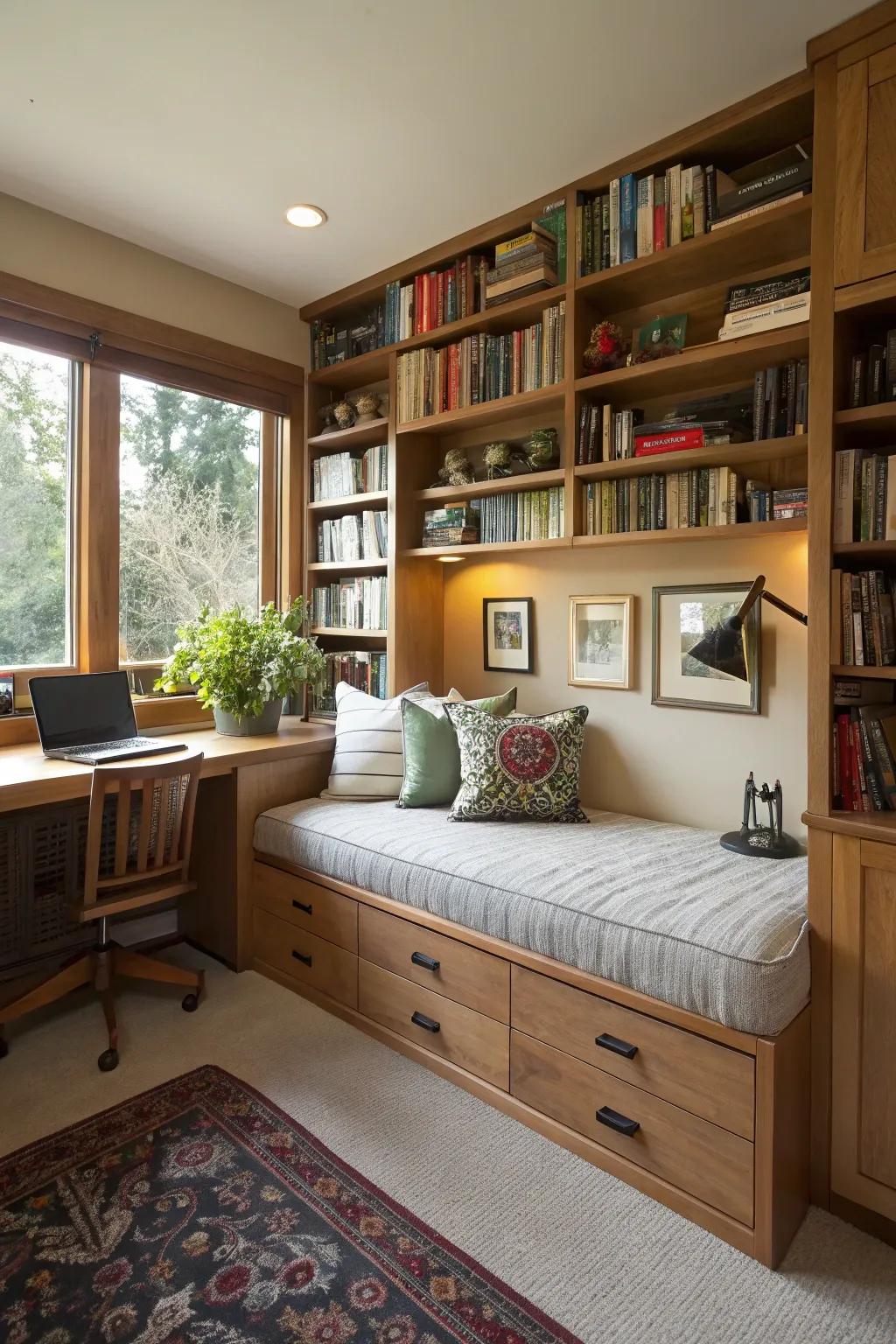 A built-in daybed framed by shelves enhances both usability and visual appeal.