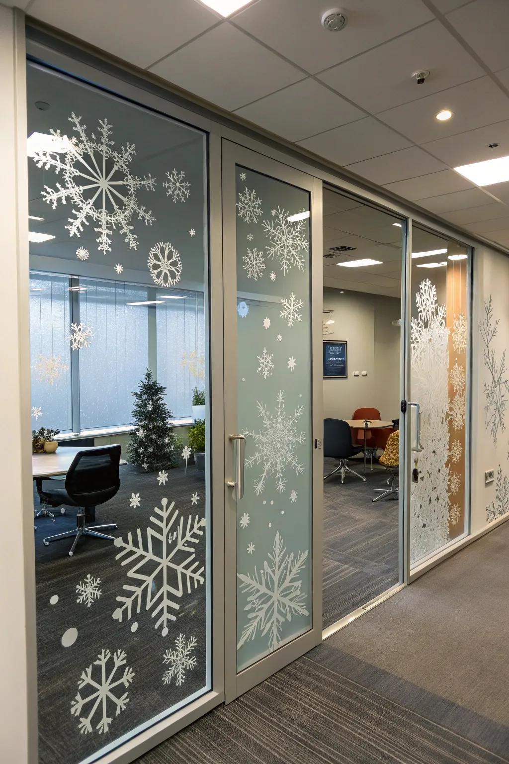 Enter a snowy dreamscape with a winter-themed office door.