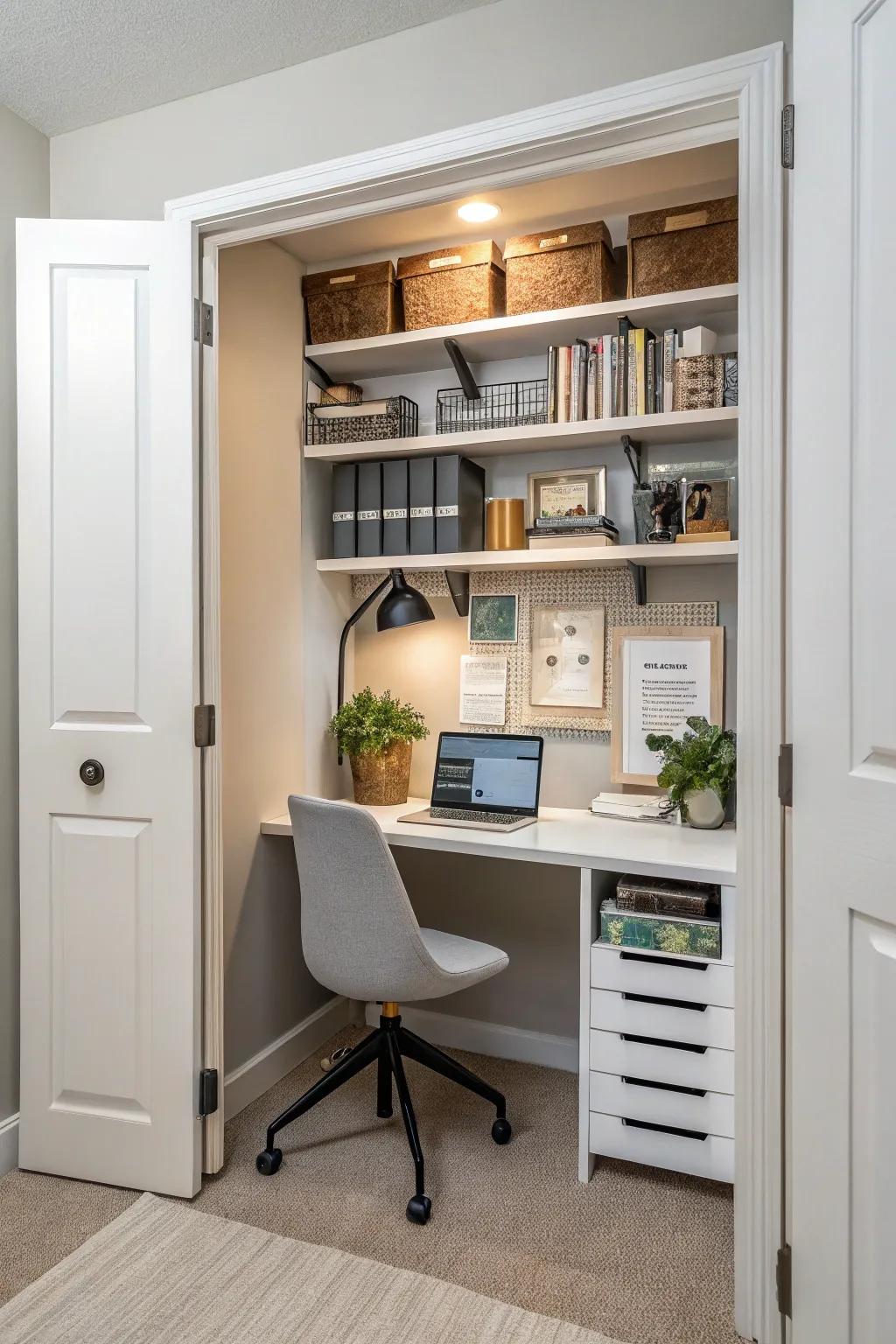 Turn an unused closet into a functional office space that disappears when you need it to.
