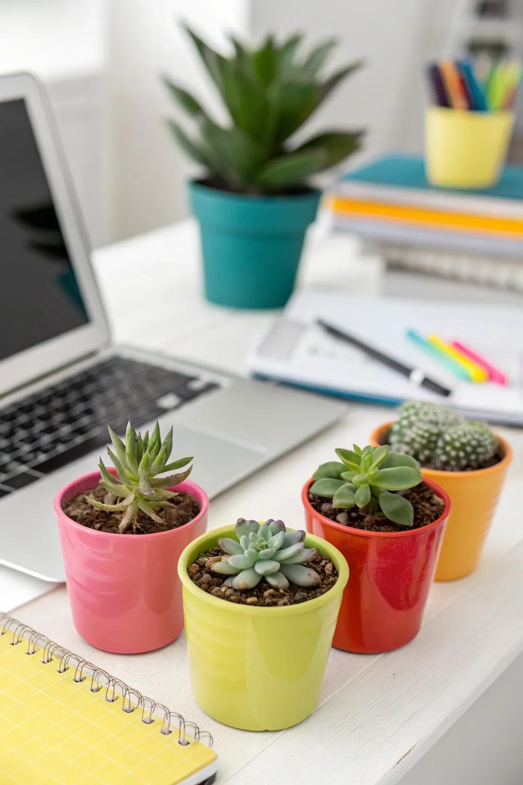 Infuse charm into your desk setup with a miniature succulent display.