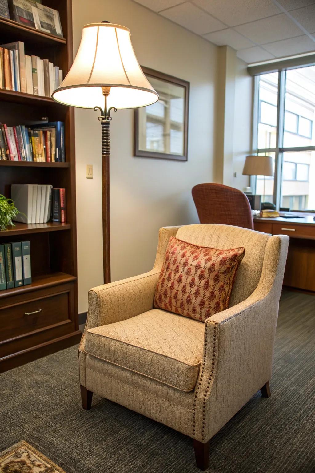 This cozy corner features a deluxe armchair, making it perfect for a comfortable reading session.