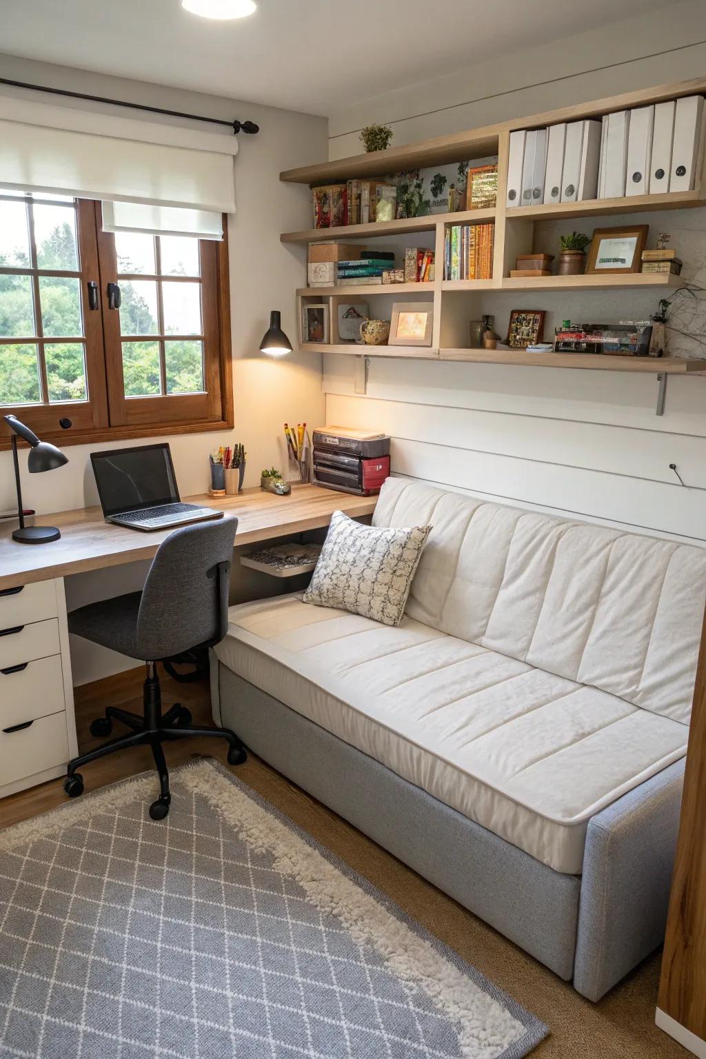 A versatile home office featuring a convertible sleeper sofa.