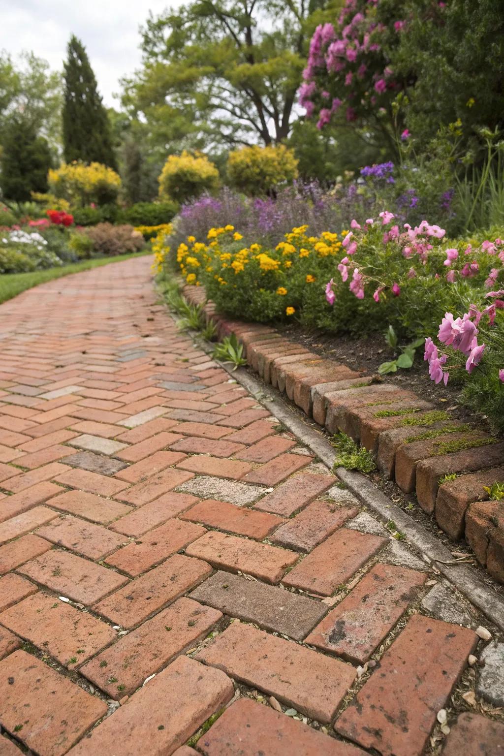 A parquet arrangement lends timeless grace to this brick patio