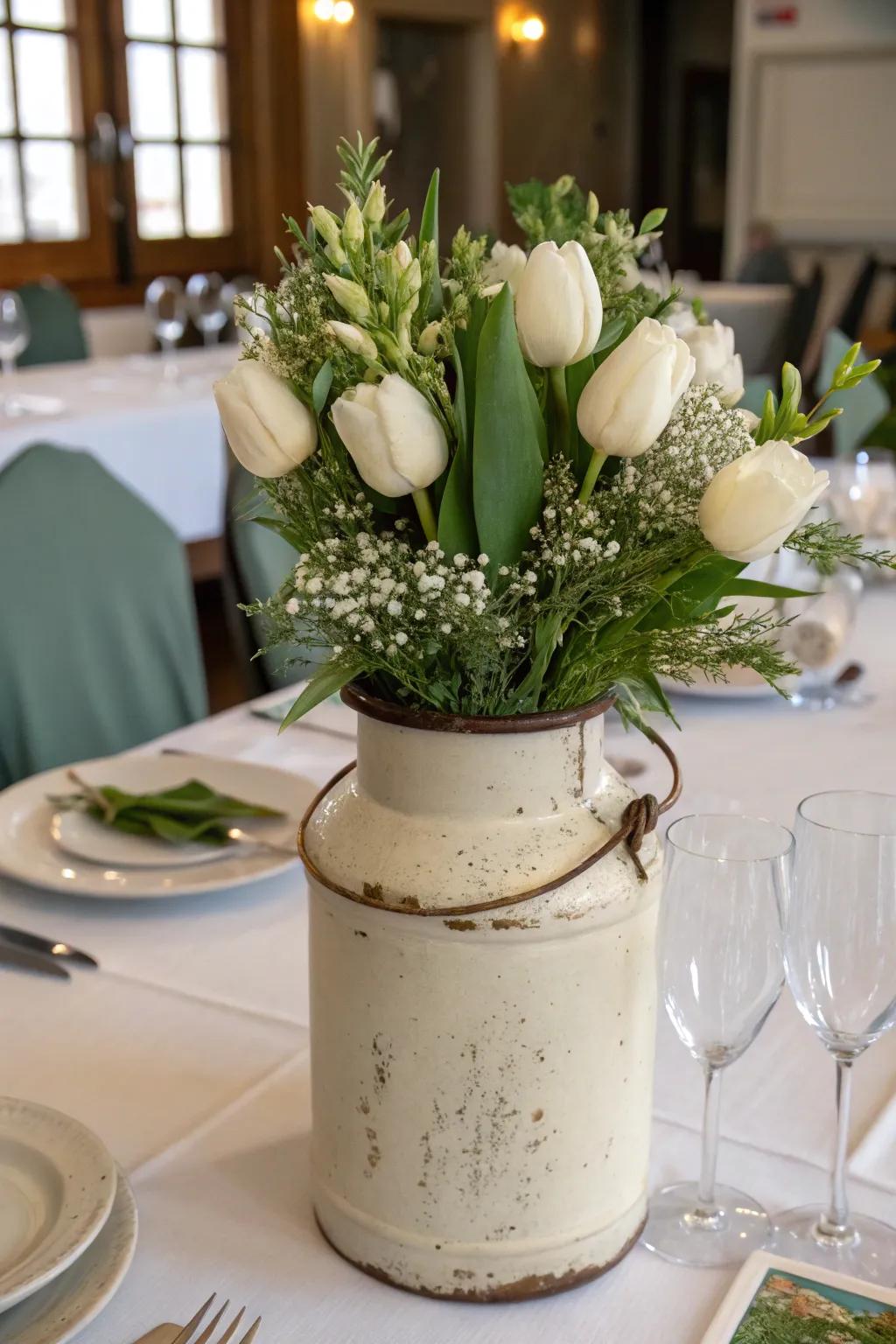 An antique stoneware container serves as the ultimate flower display vessel.