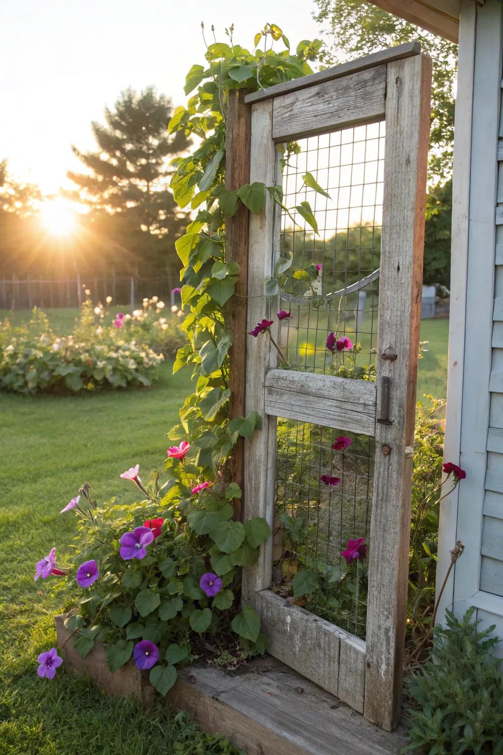 Elevate your outdoor space with a hint of country flair: an upcycled screen door supporting vibrant climbing flowers.