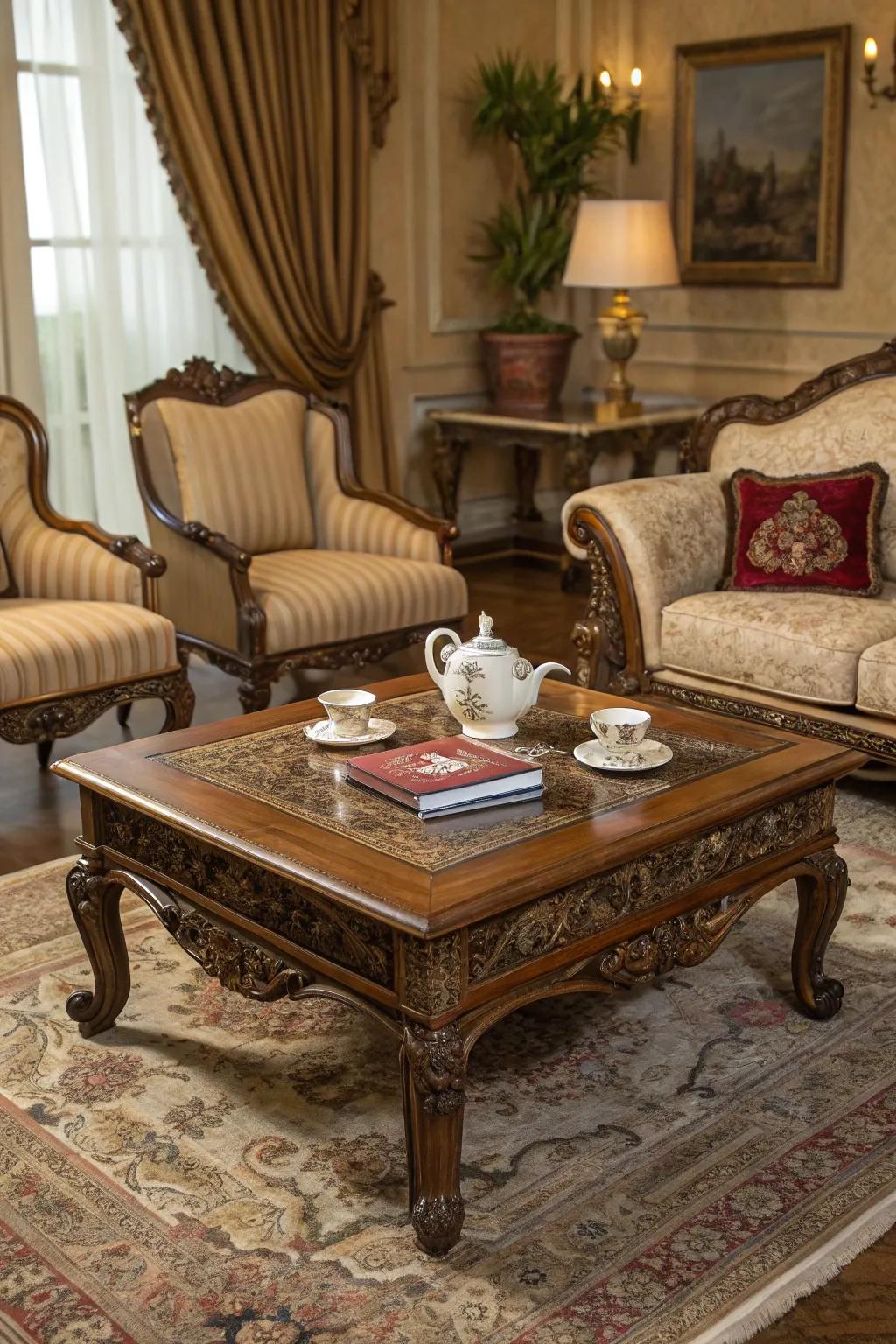 Antique furnishings infuse enduring sophistication into your living area.