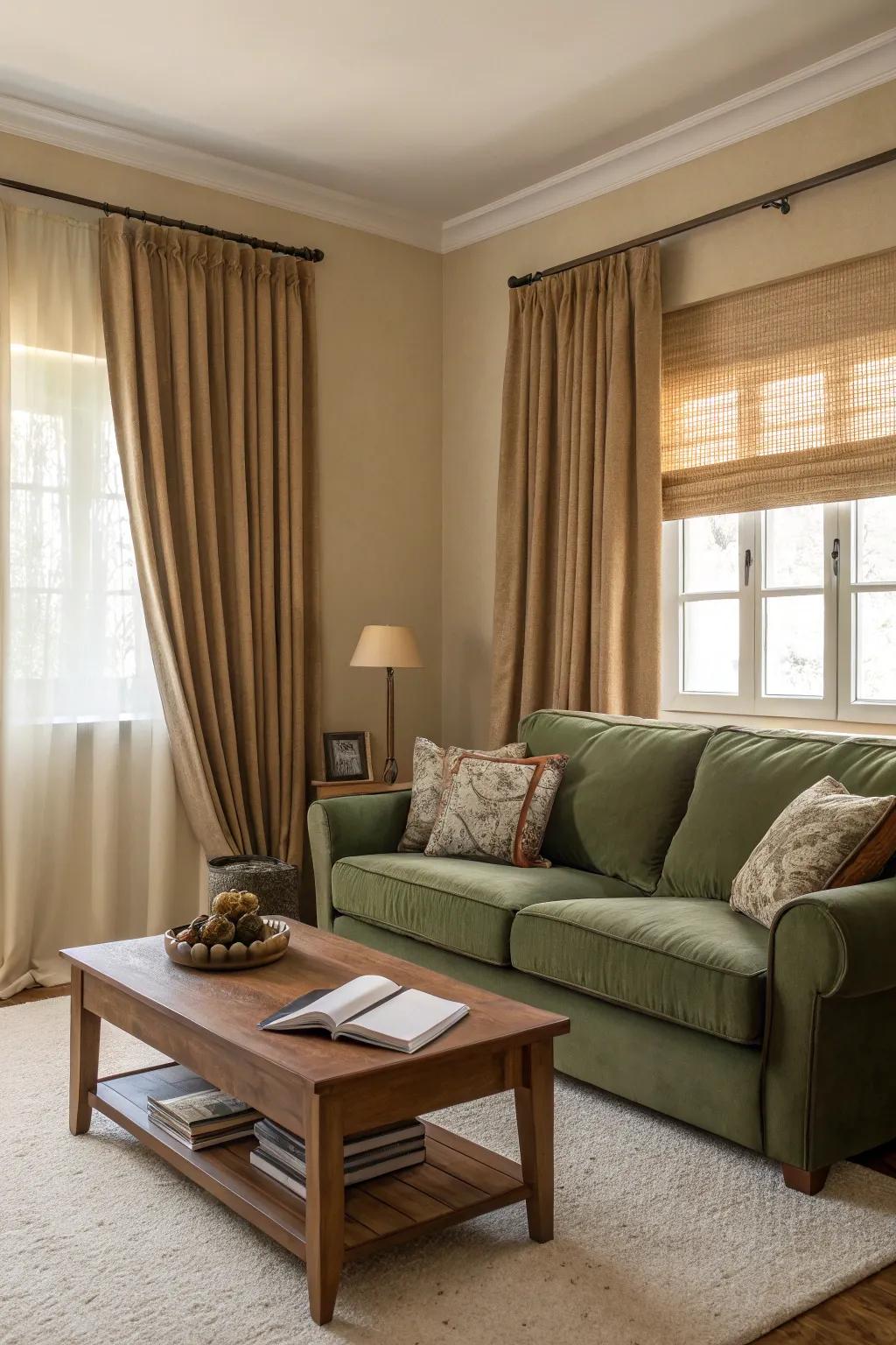 Soft, neutral hues craft a peaceful setting for an emerald-toned couch.