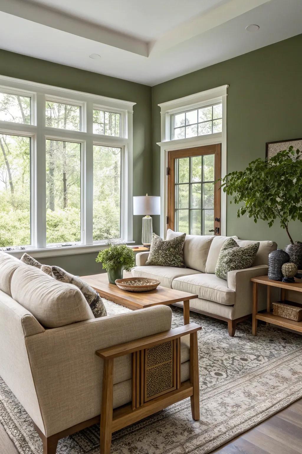 A snug living room is beautifully accentuated by olive green walls.