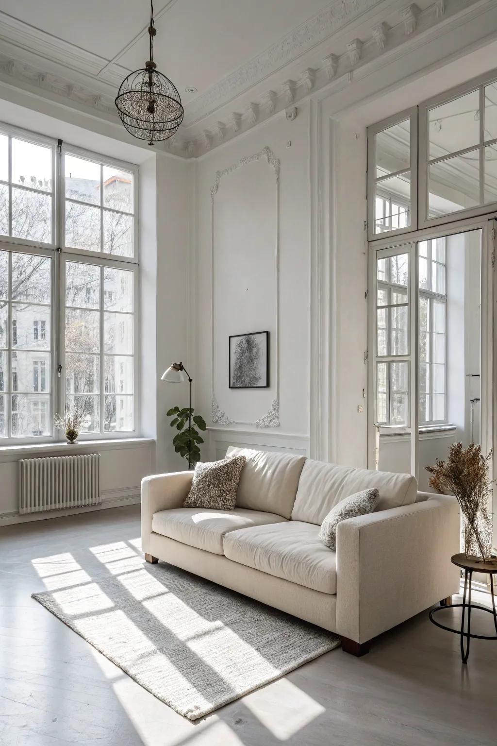 A minimalist design featuring the couch in a spacious layout.