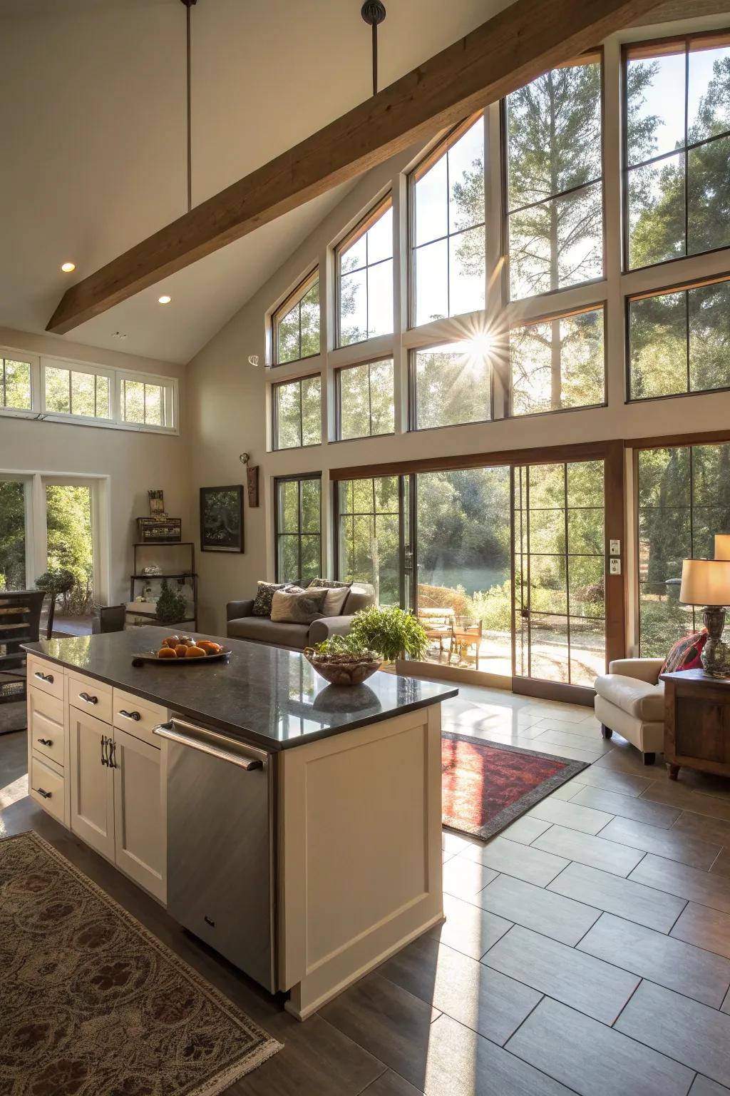 Sunlight streaming into an open-concept kitchen and living area.