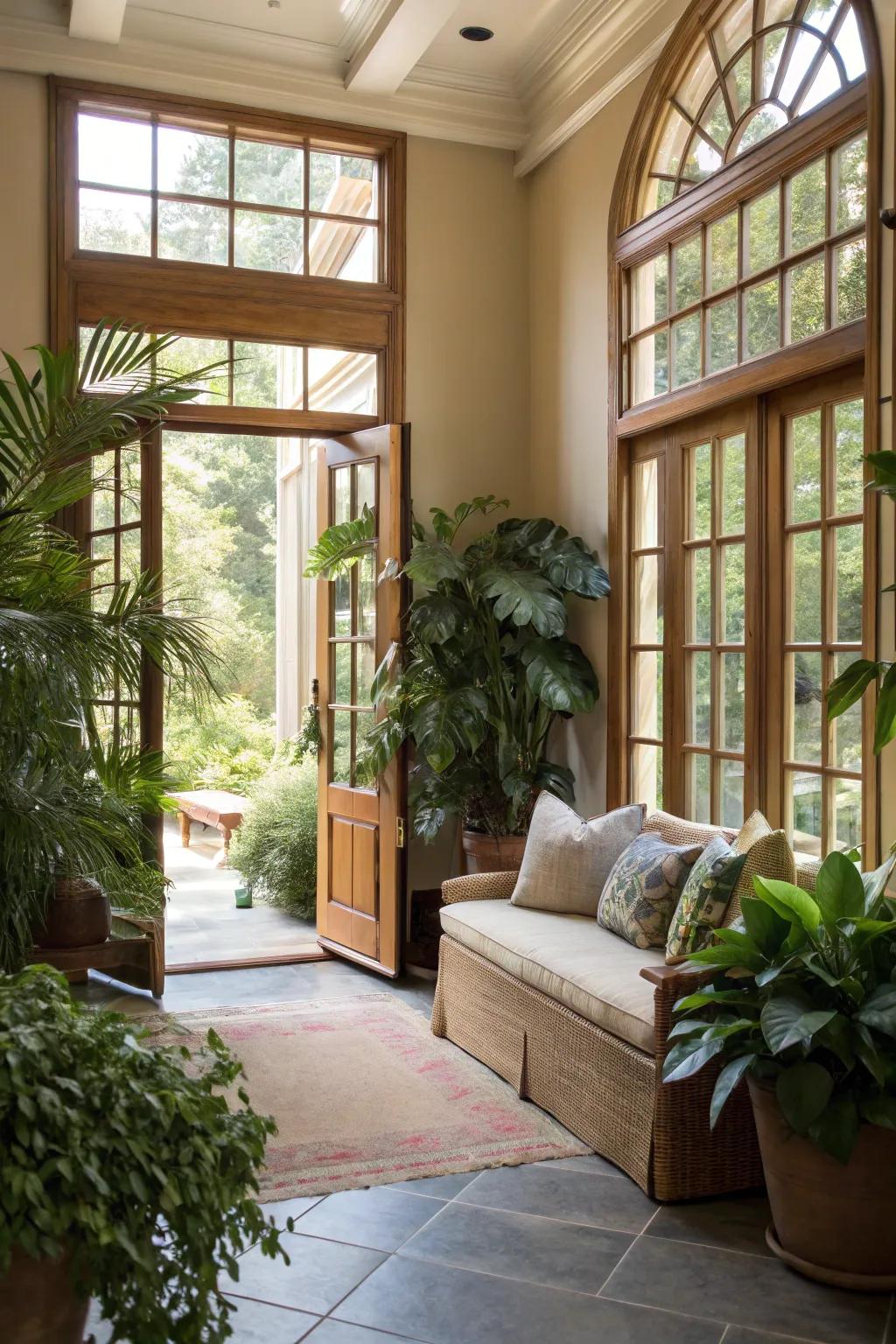 An entryway filled with daylight fashions a toasty and alluring ambiance.