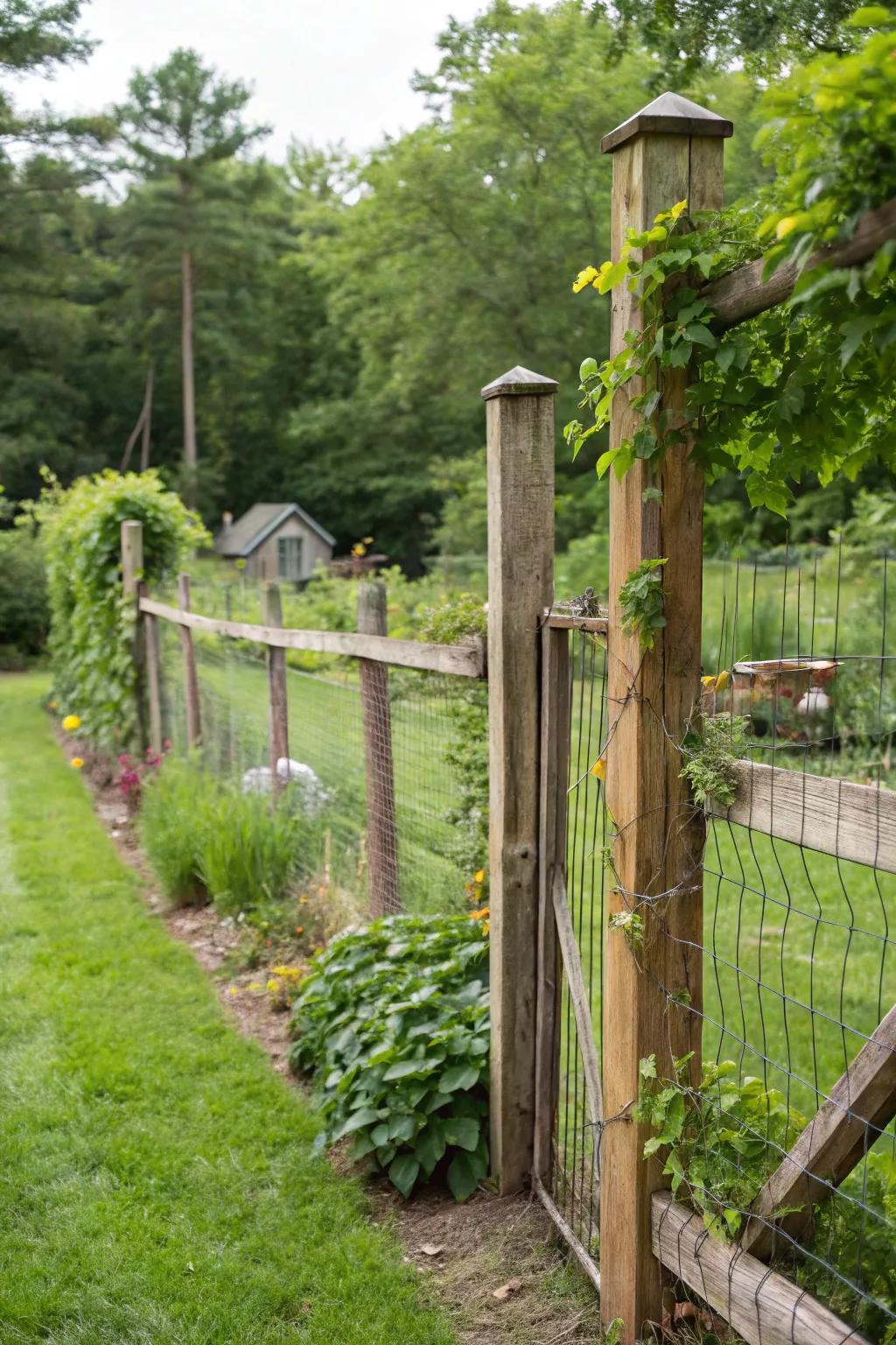 The ideal marriage of lumber and wire mesh for a naturally modern fence.