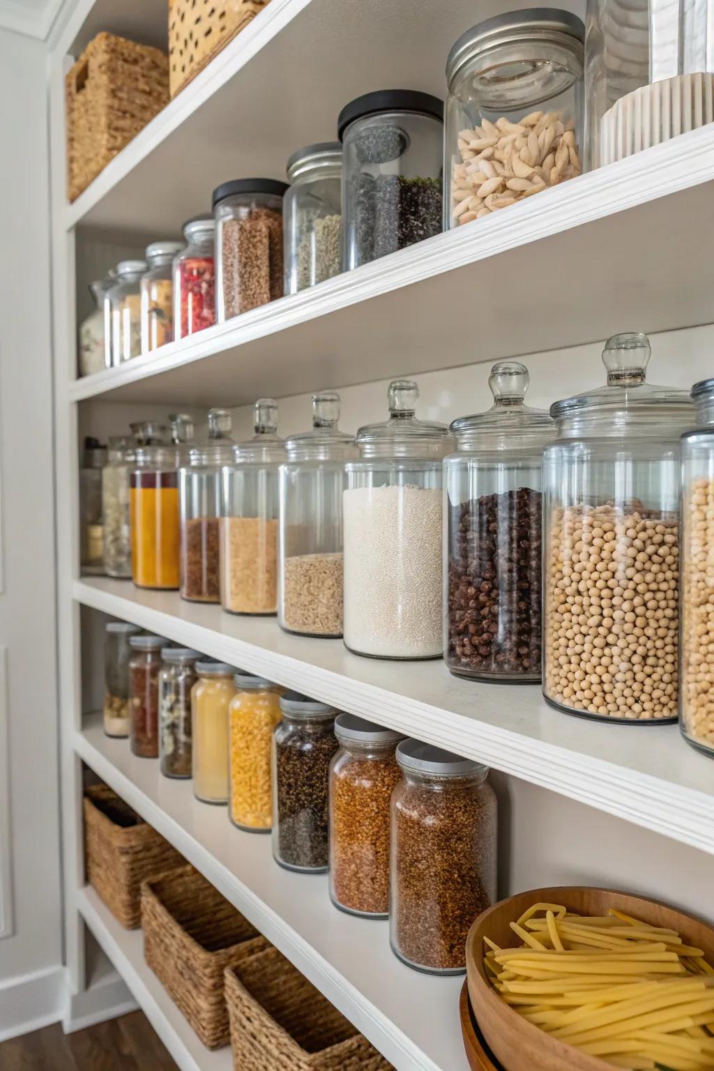 Symmetrical rows of matching crystal receptacles bring harmony to open pantry displays.