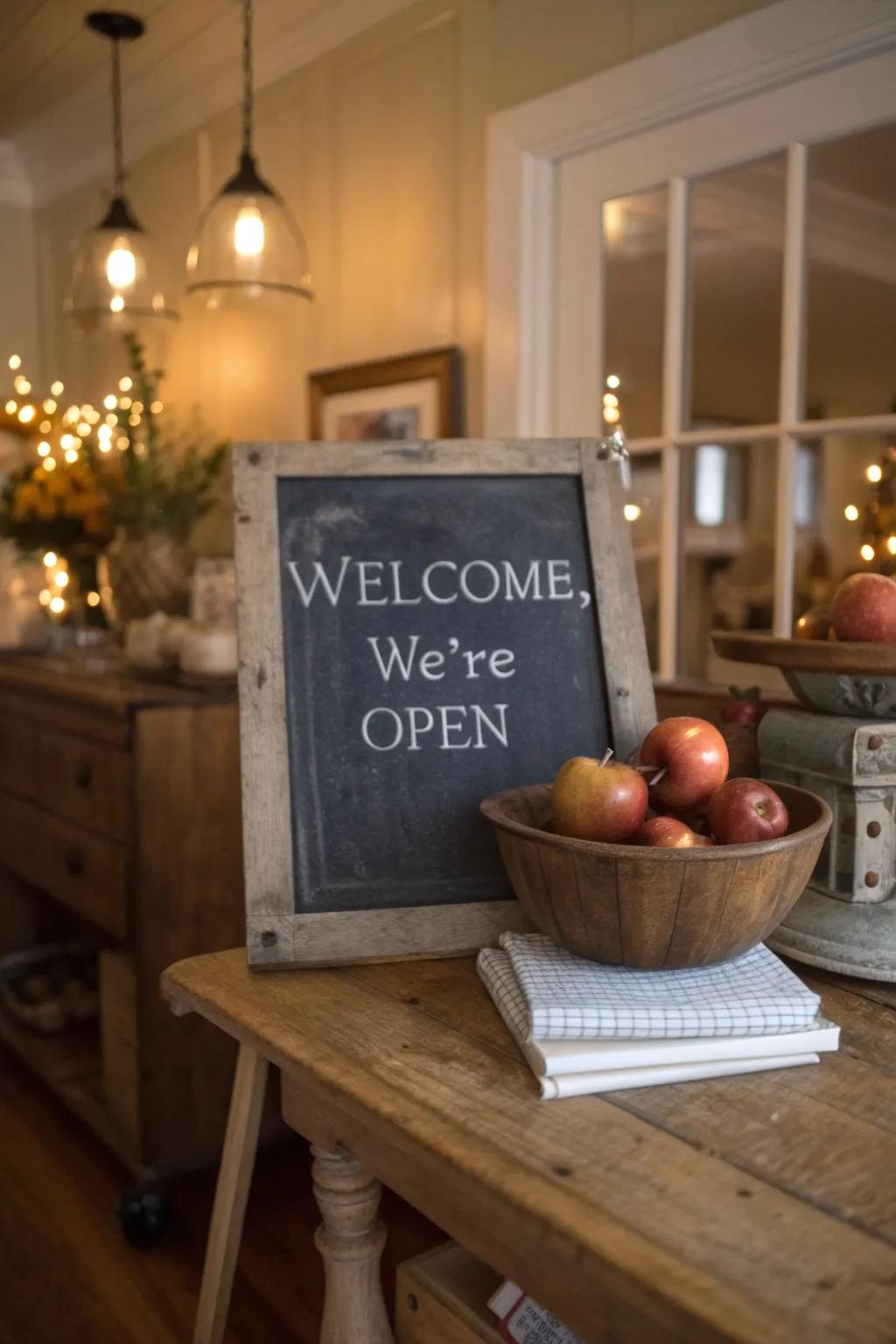 A charming slateboard display introduces a personal element to any area.