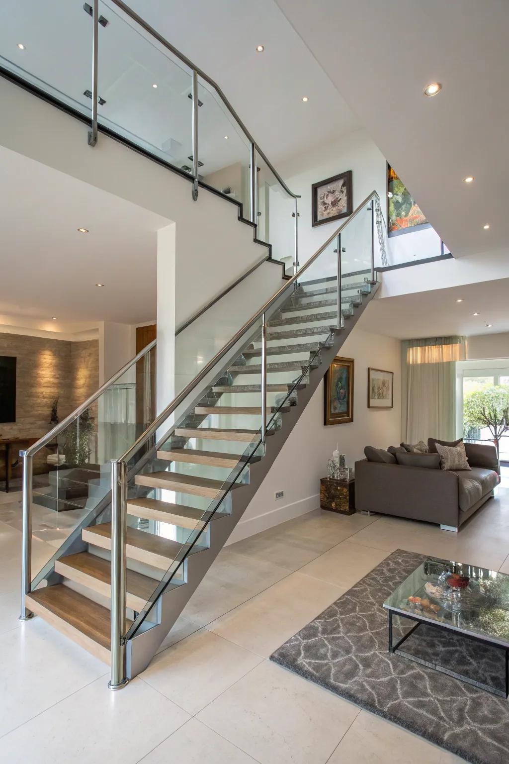 A minimalist open stairway enhances the modern aesthetic of this living space.