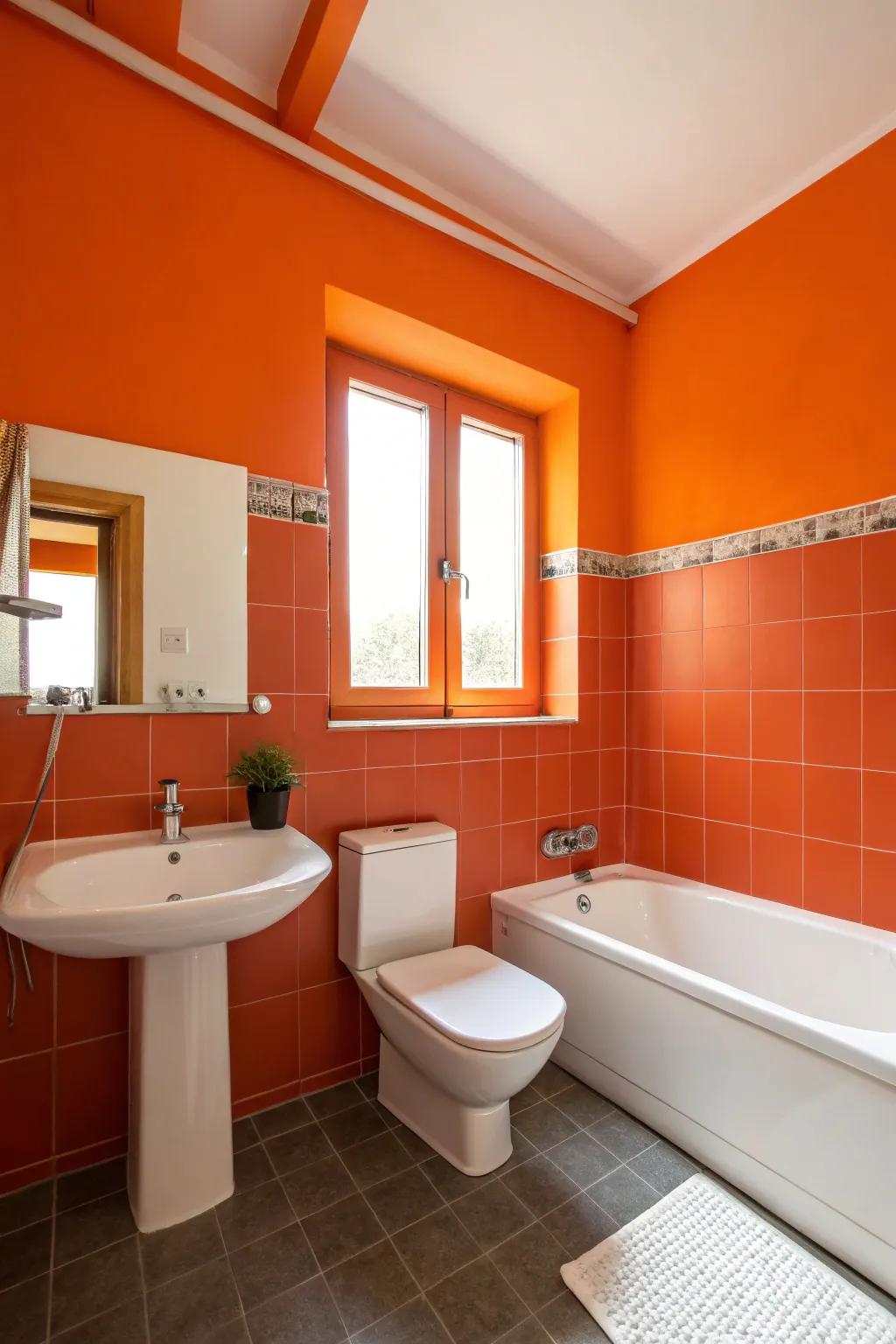 A bathroom featuring bold orange walls paired with minimalist white fixtures.