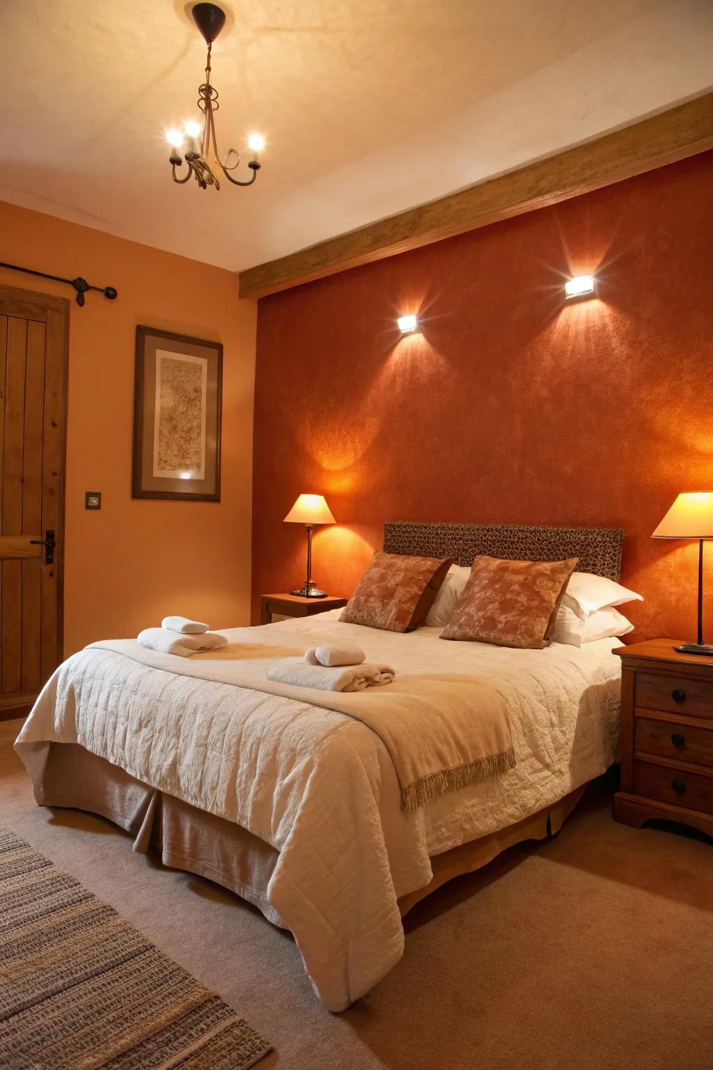 Walls in burnt sienna paired with cream bedding construct a snug hideaway.
