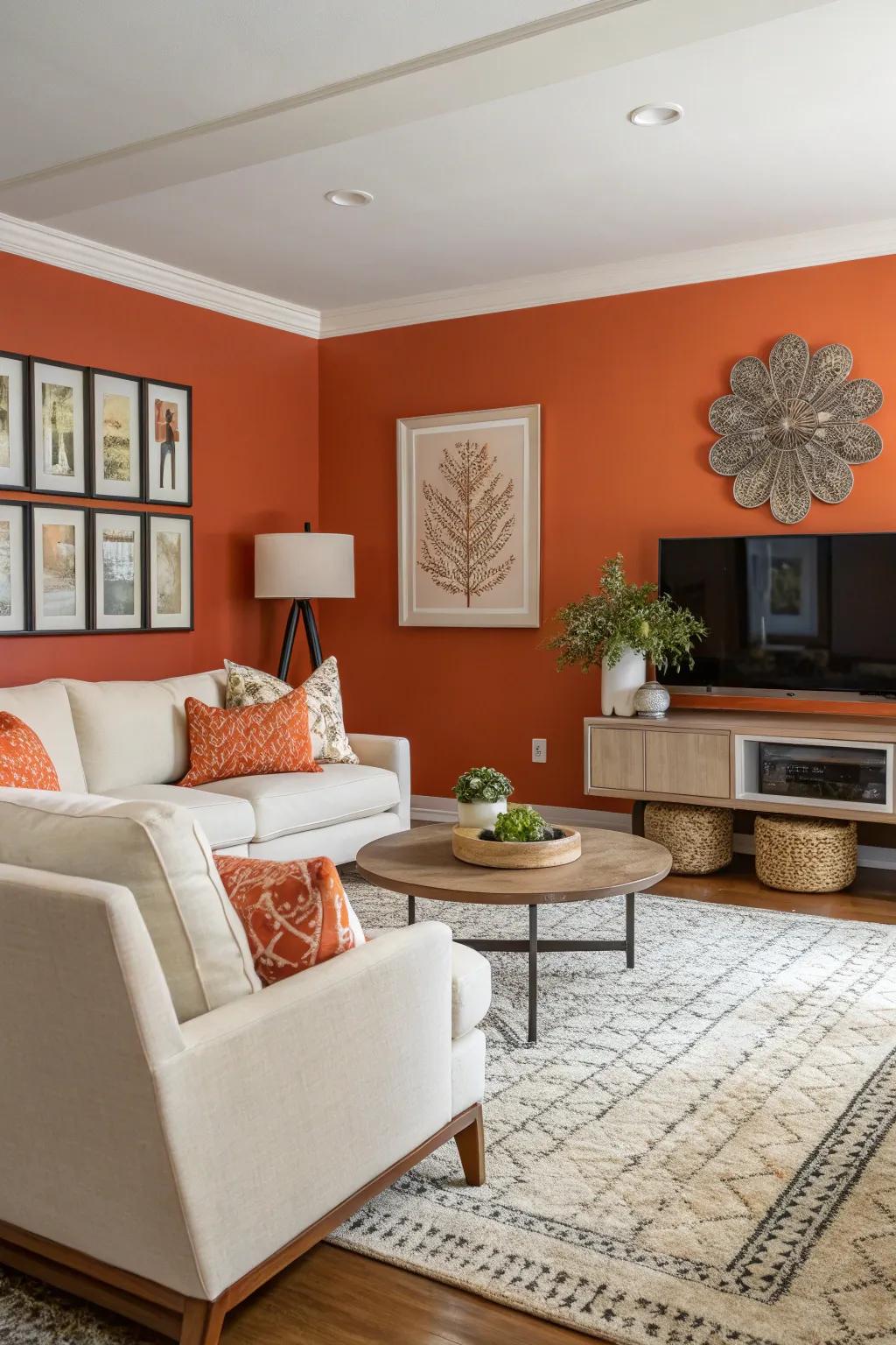 A captivating orange focal wall injects character into this contemporary living space.
