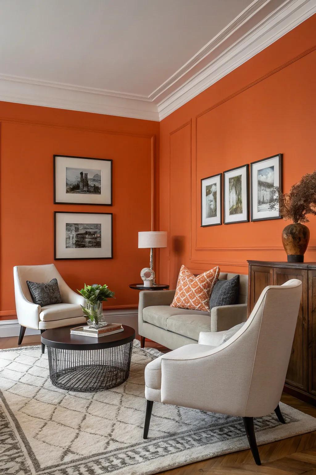 Behold a living area showcasing an energetic orange statement wall that draws the eye.
