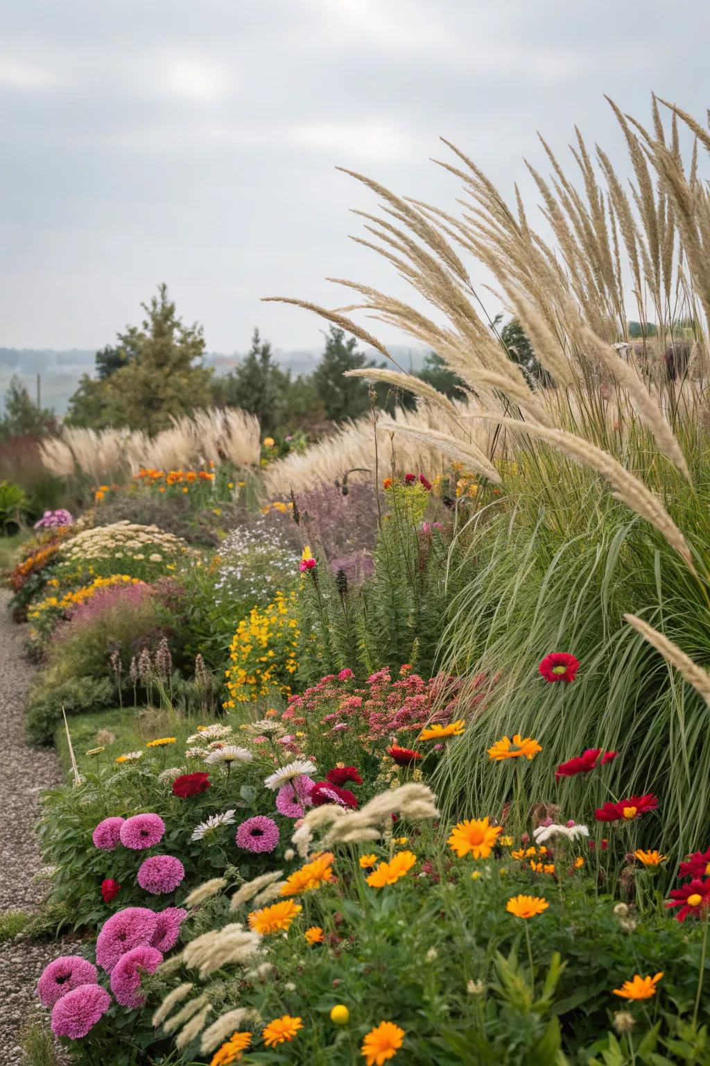 Decorative turfs design a dynamic setting for vibrant blooms.