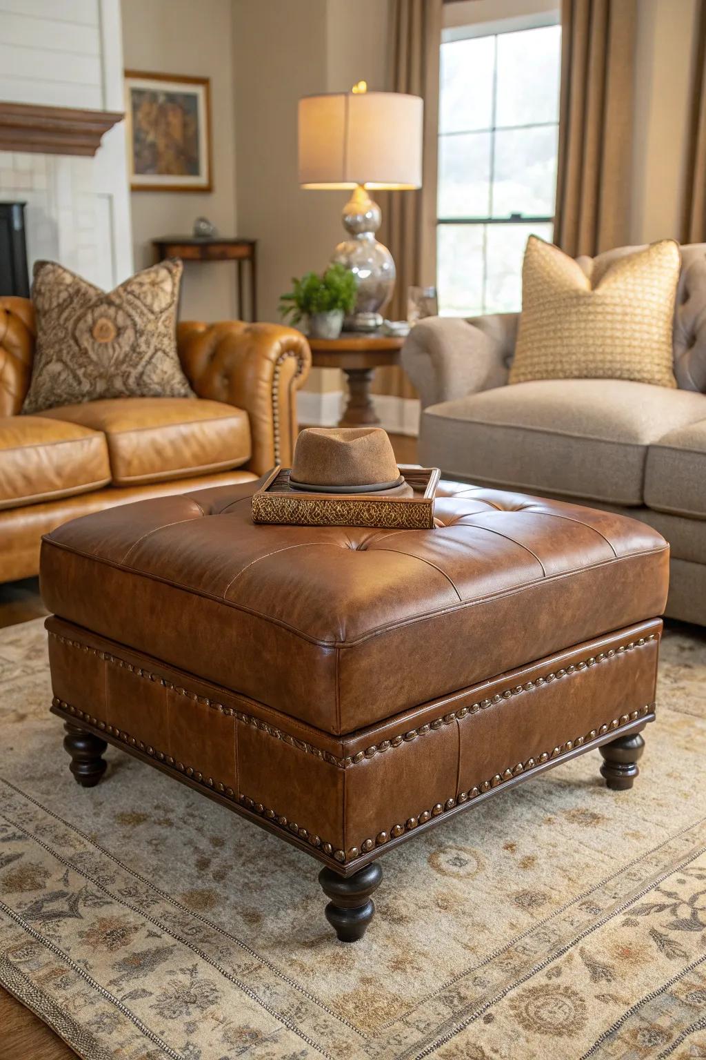 A classic hide ottoman infuses warmth and sophistication into a lounge.