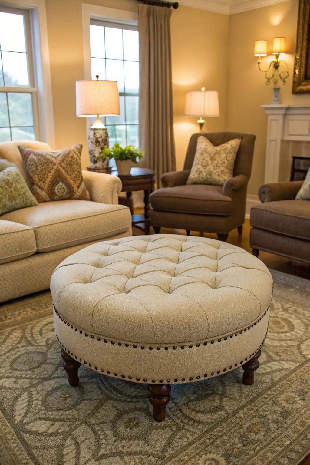 This ottoman provides more seating options in the living space.