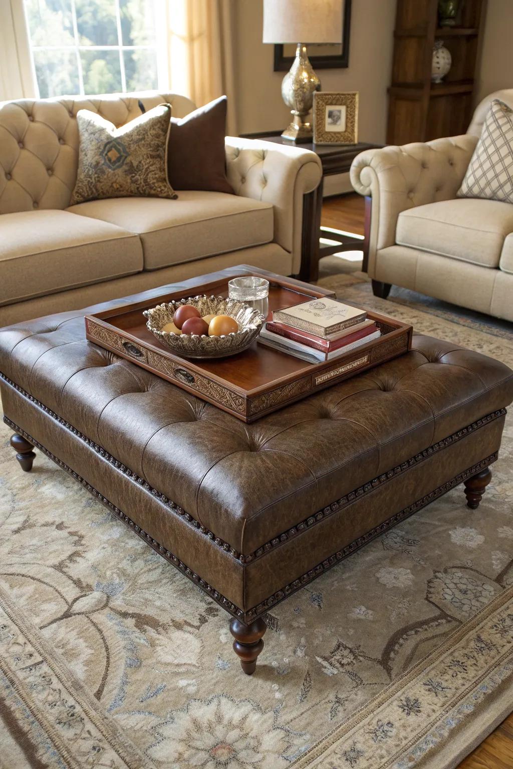 Ottoman fashioned into a cozy coffee table focal point