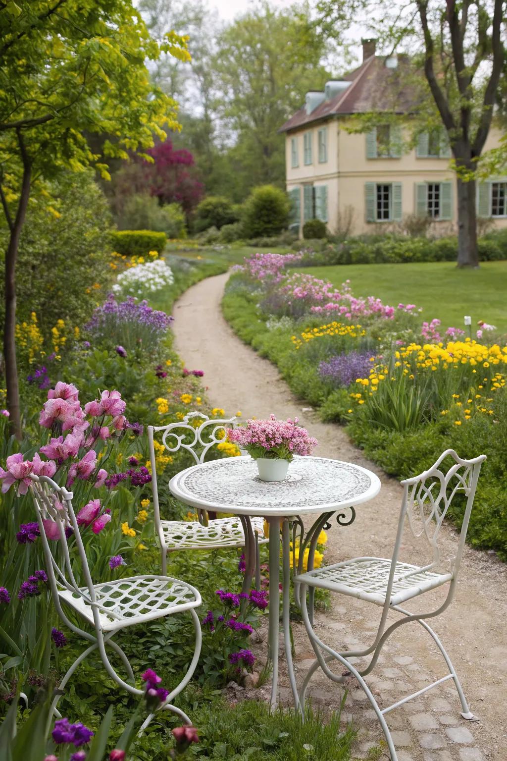An ageless aesthetic is achieved through a metalwork suite nestled within a flourishing garden.