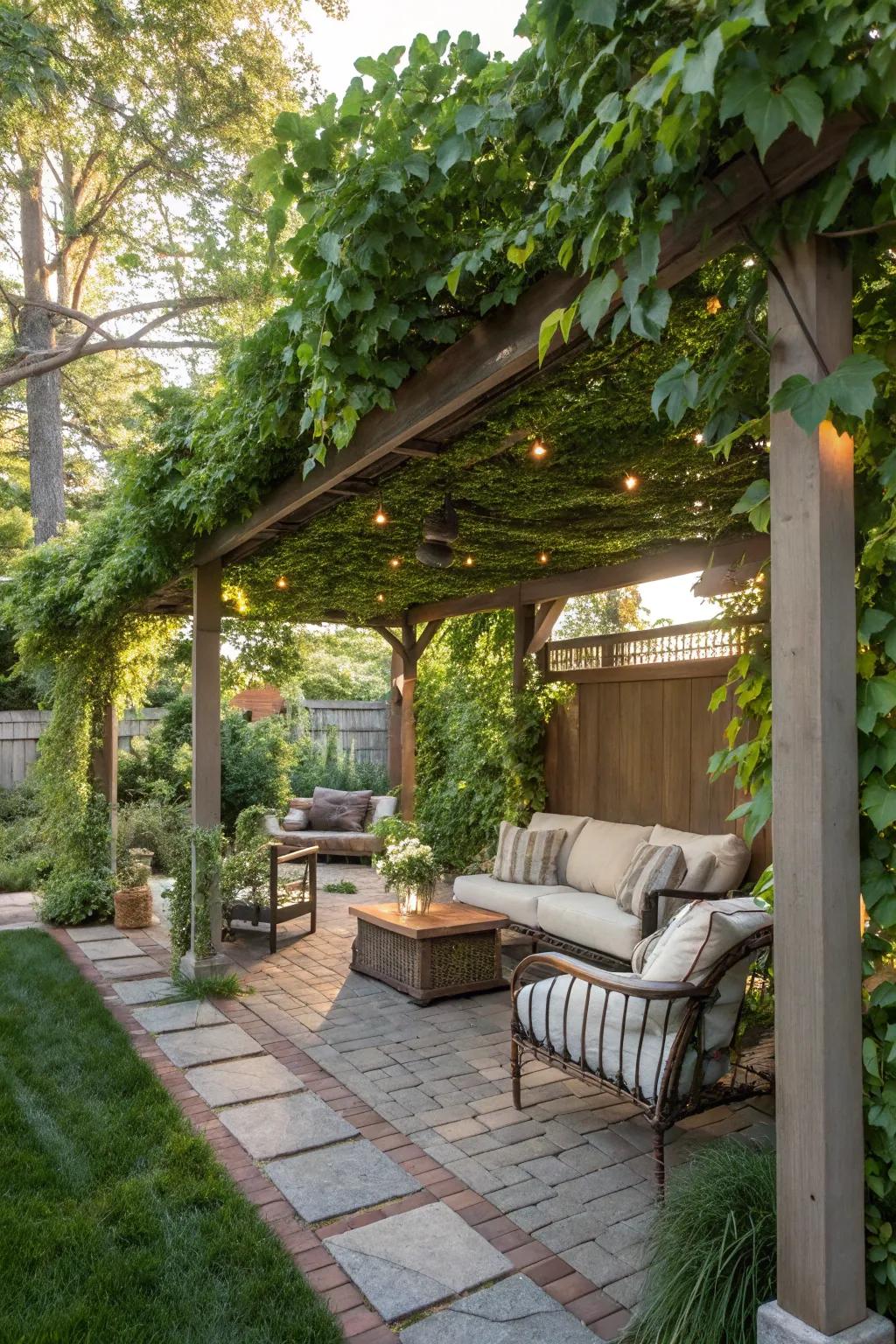 A pergola draped in lush greenery creates a tranquil garden sanctuary.