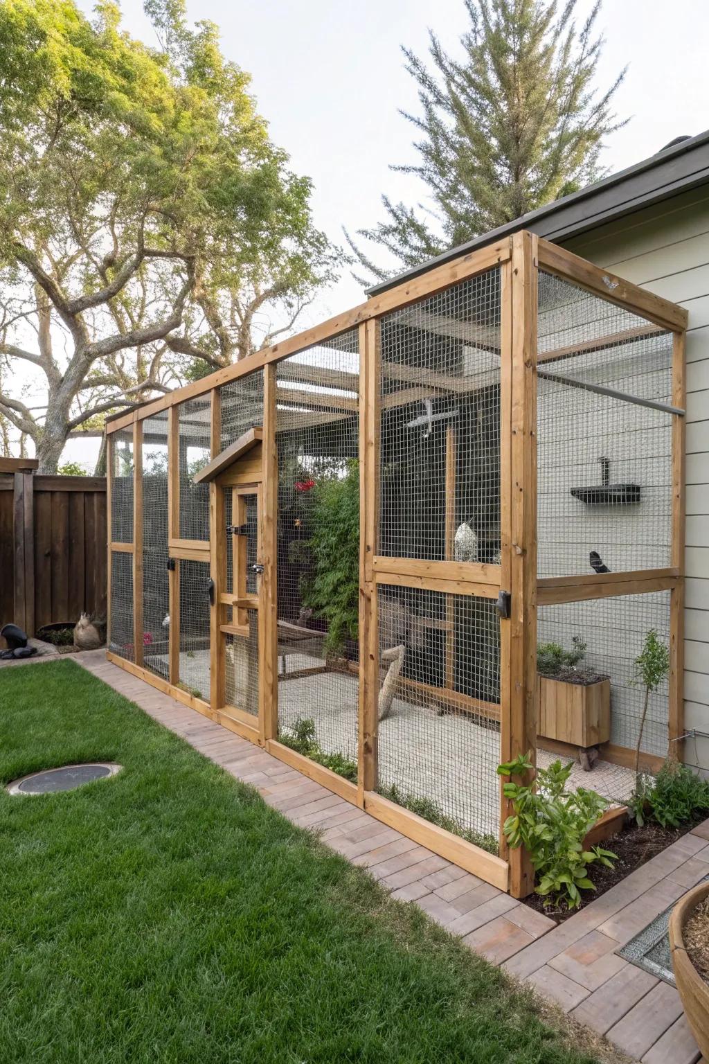 A secure and attractive enclosed catio for feline frolics outdoors.