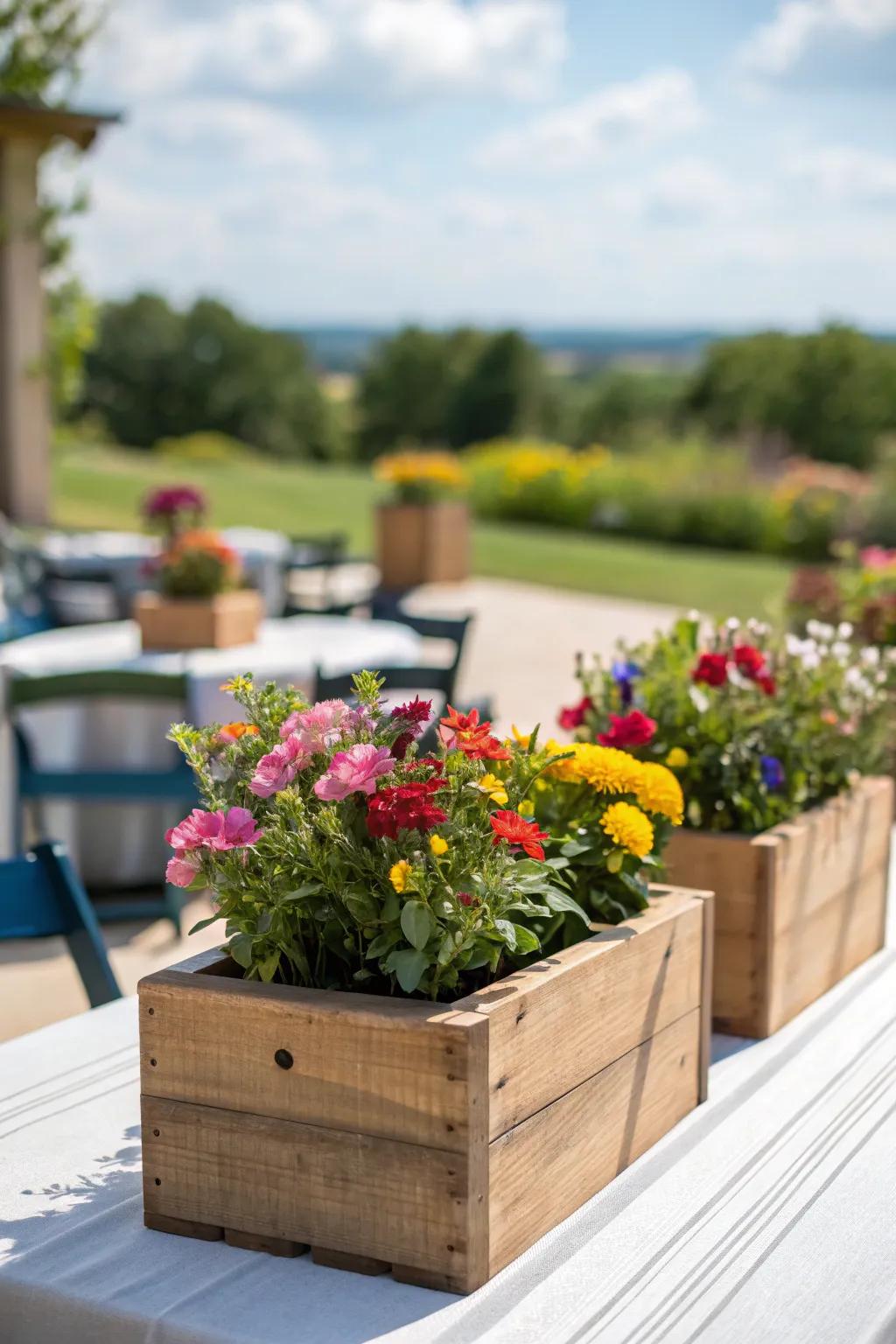 Timber flower boxes overflowing with seasonal flowers lend rustic charm to any setting.