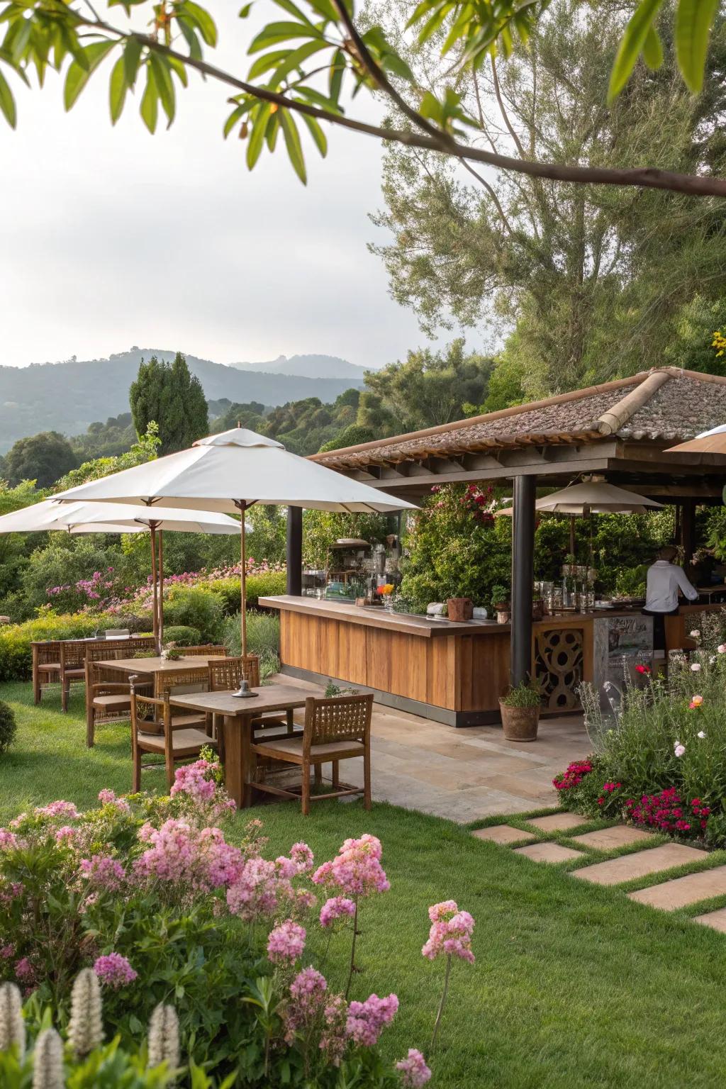 A tranquil garden coffee bar embraced by vibrant flora.