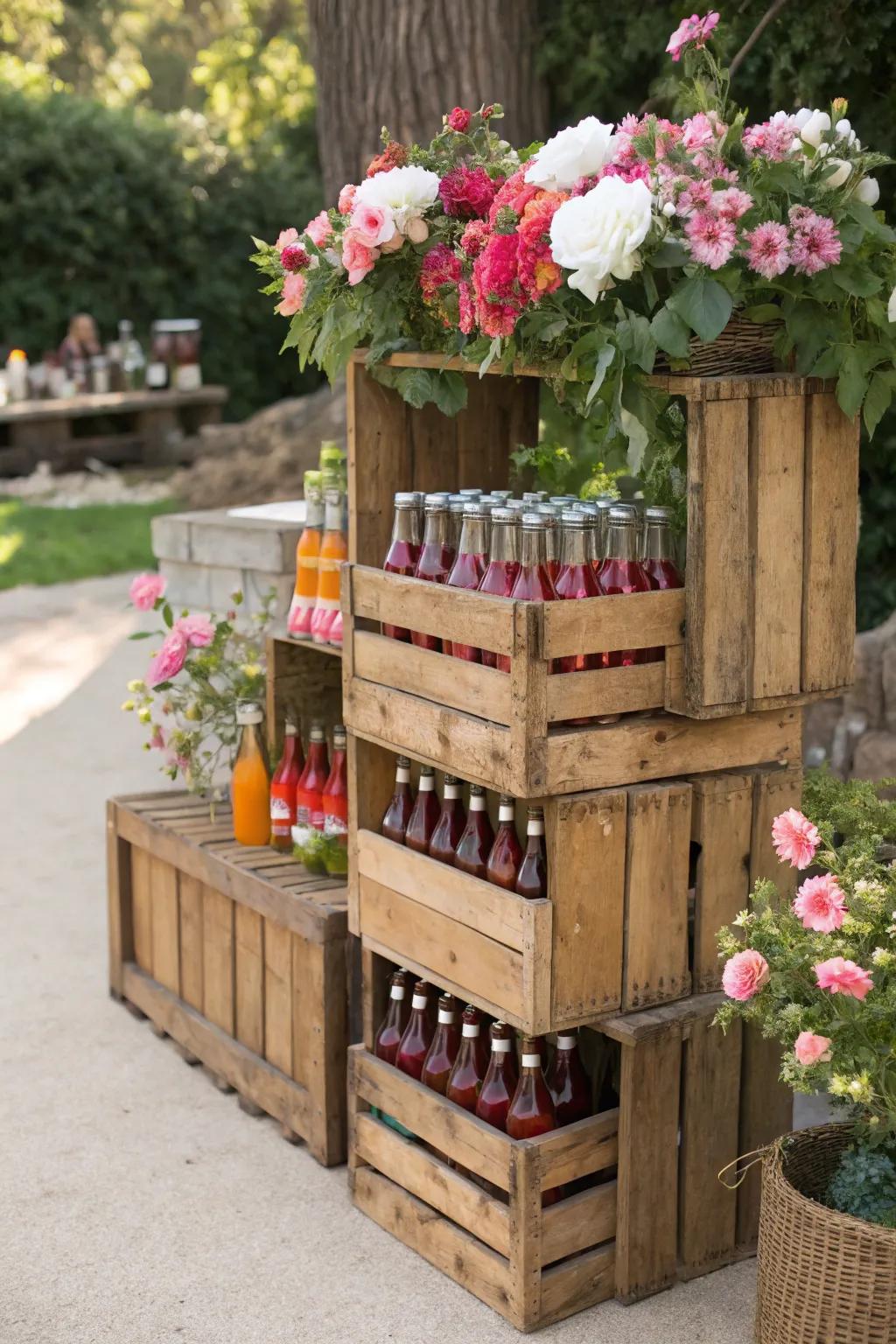 Country-style lumber boxes create a flexible and pleasing drink station.