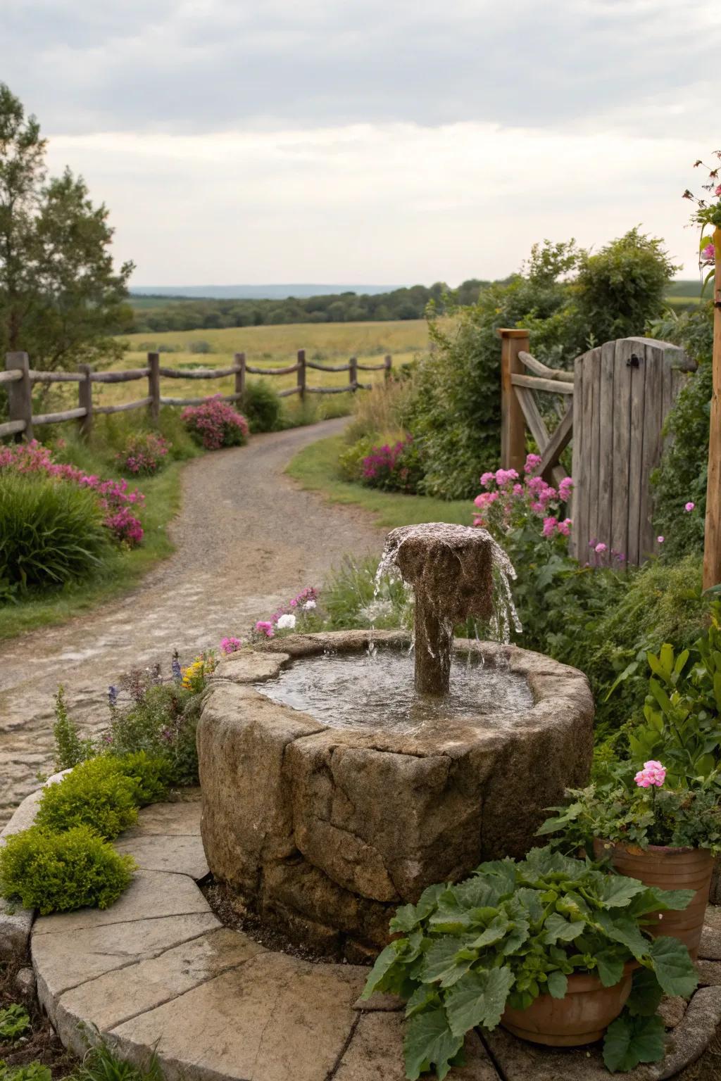A natural stone fountain harmoniously intertwined with the garden's natural beauty.