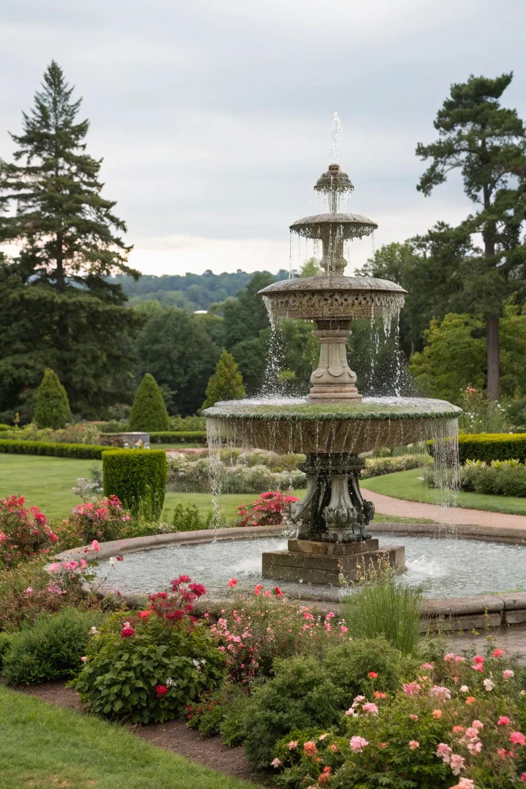 A tiered garden fountain introduces a touch of magnificence to exterior settings.