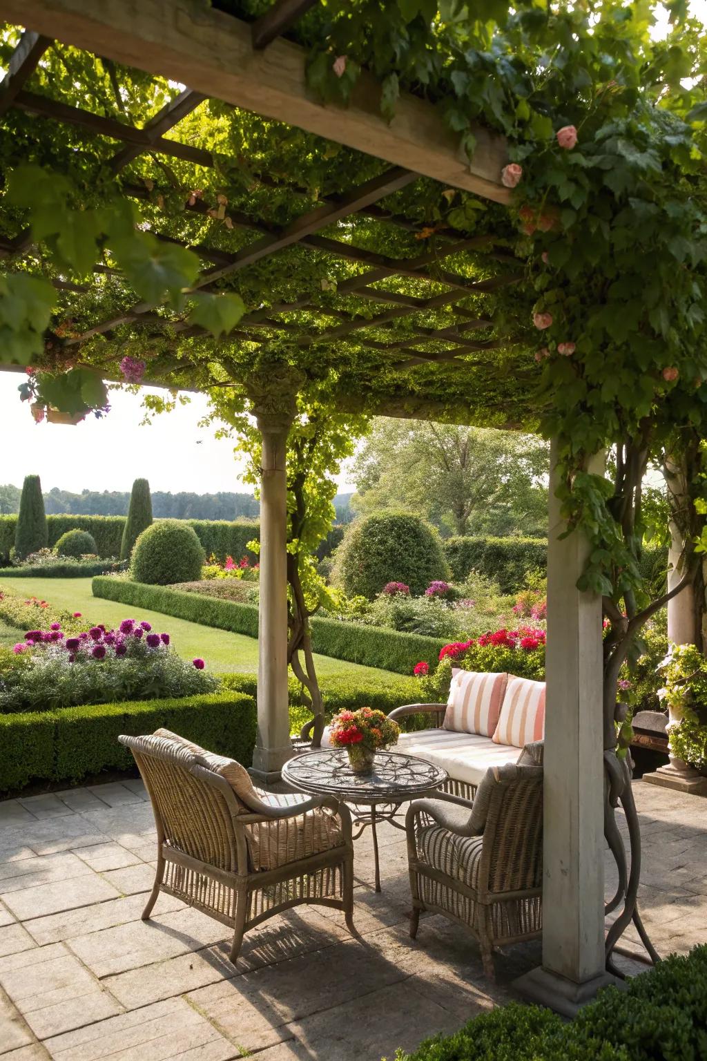 A snug trellis delivering shade and sophistication in a garden space.