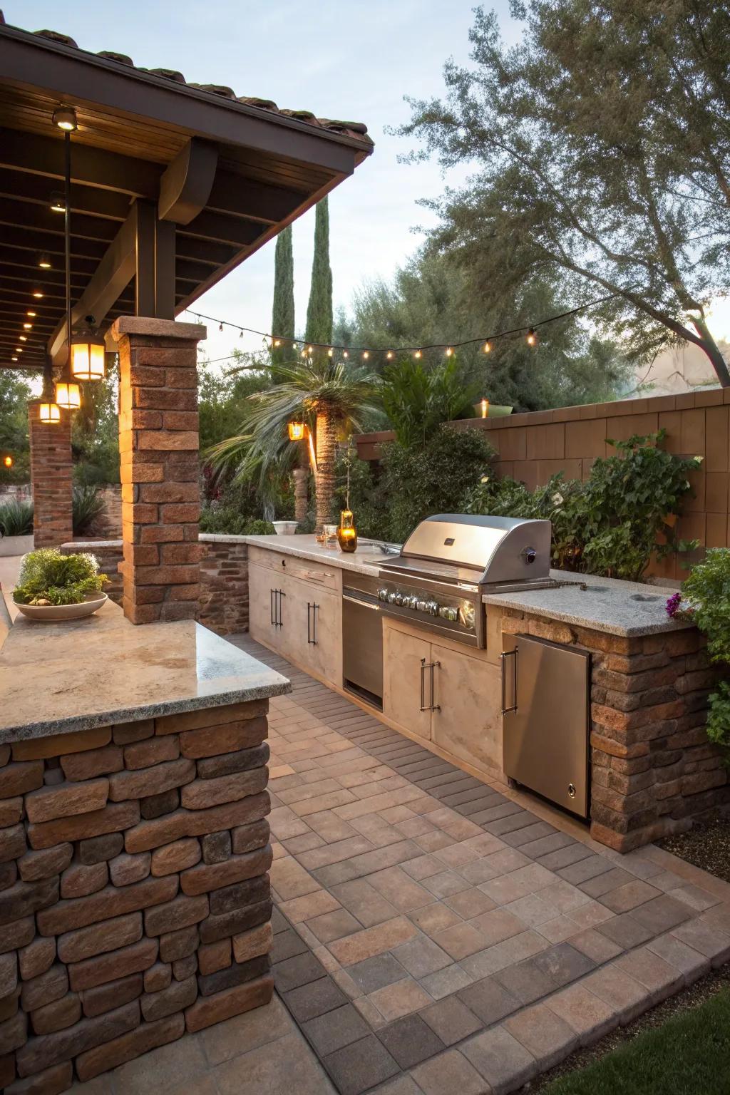Nature's stone and brick bring an enduring elegance to your outside kitchen.
