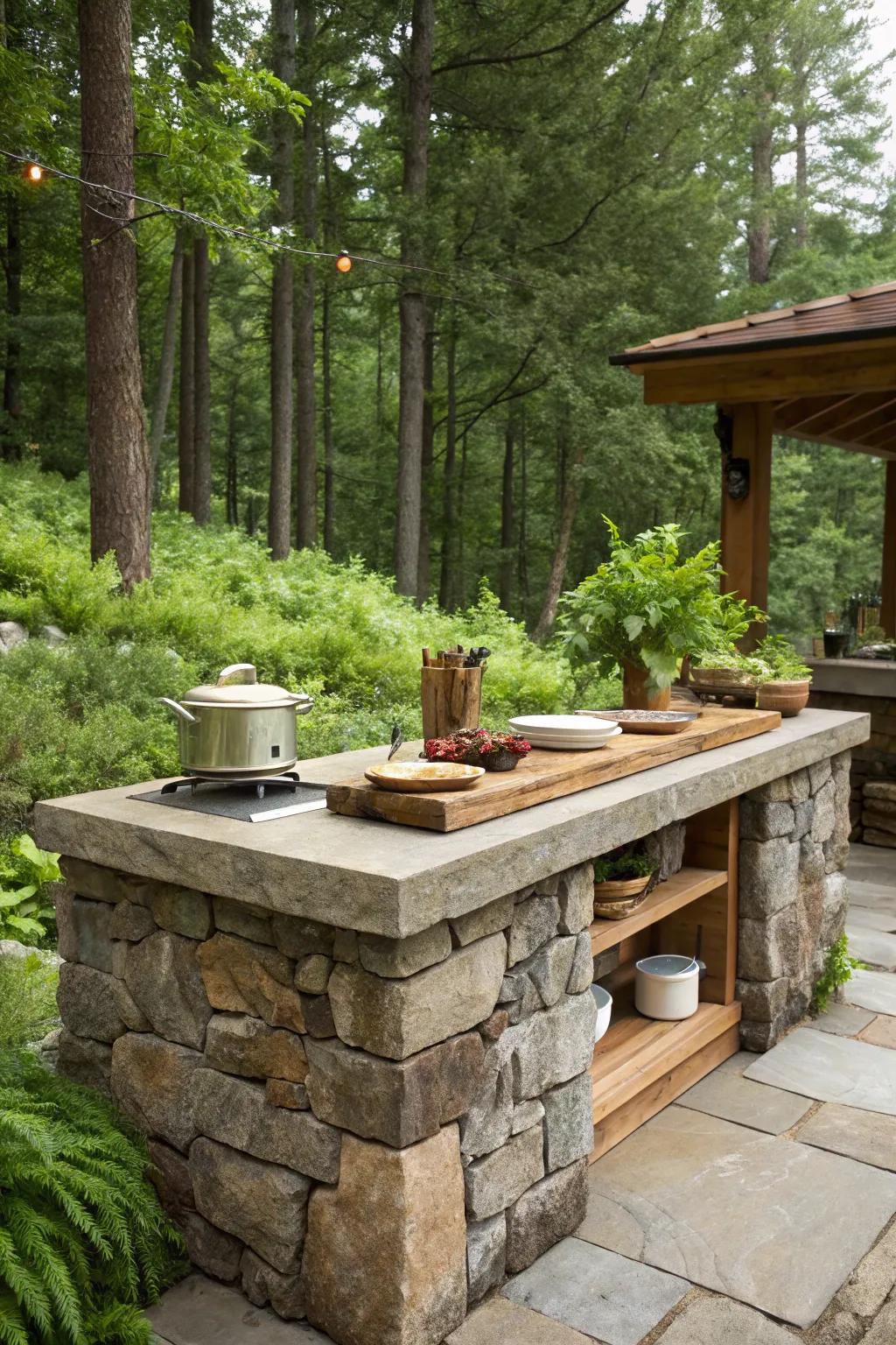 A breathtaking cooking station constructed from stone and timber, perfectly nestled among verdant foliage.