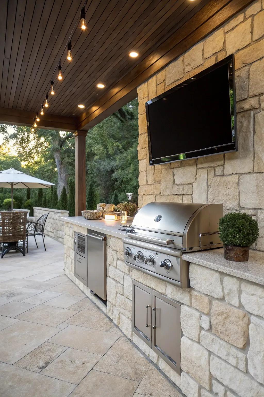A traditional rock finish brings endless charm to your outdoor TV and kitchen design.