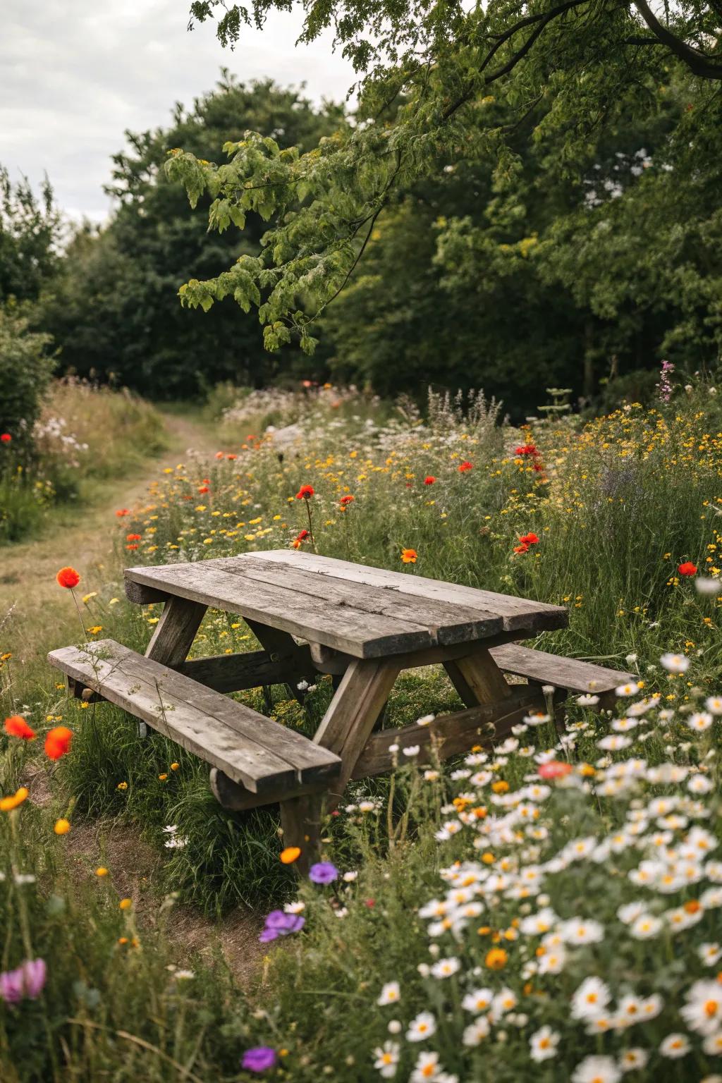 A classic wooden table brings comfort and personality to any outdoor area.