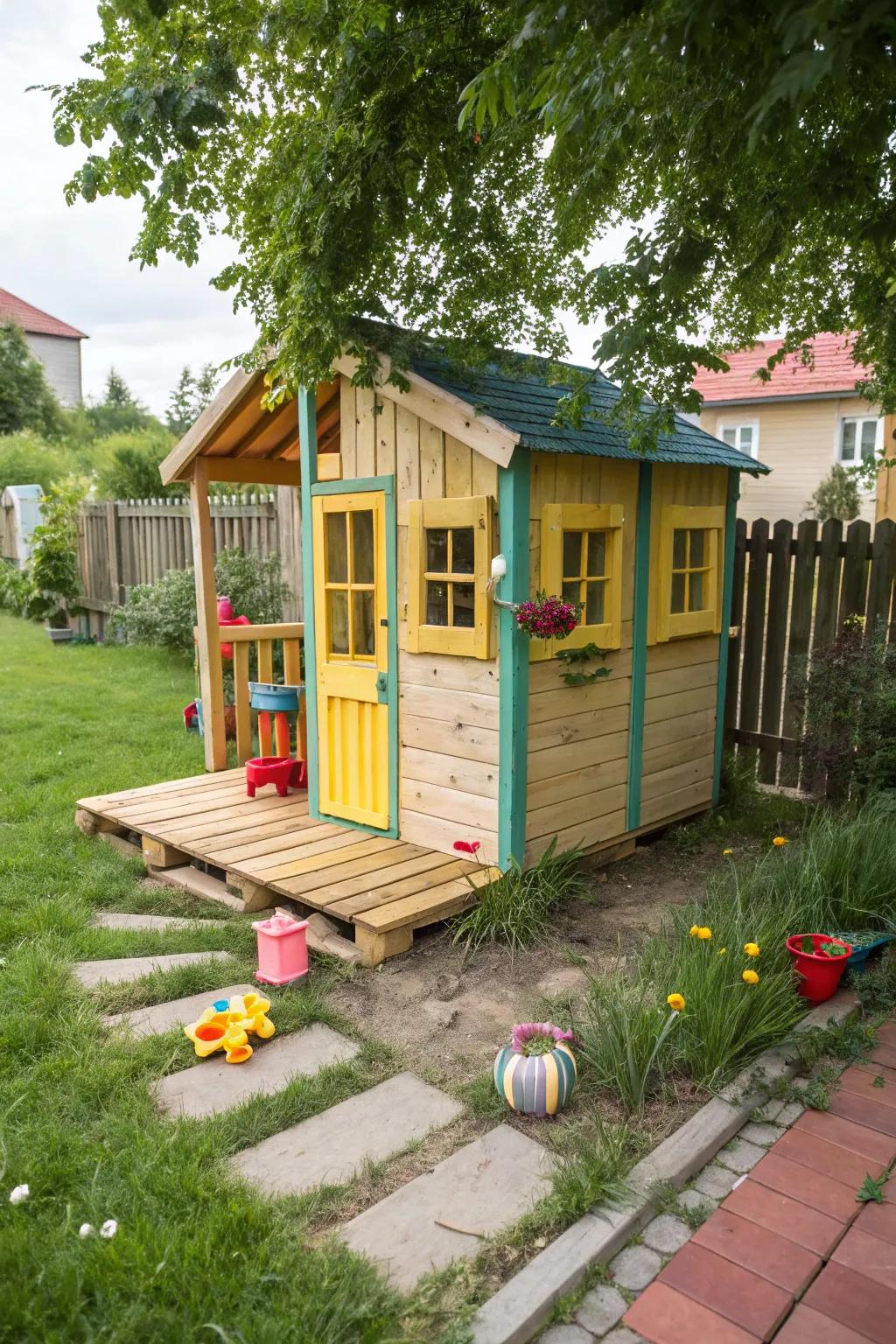 Charming playhouse crafted from repurposed materials.