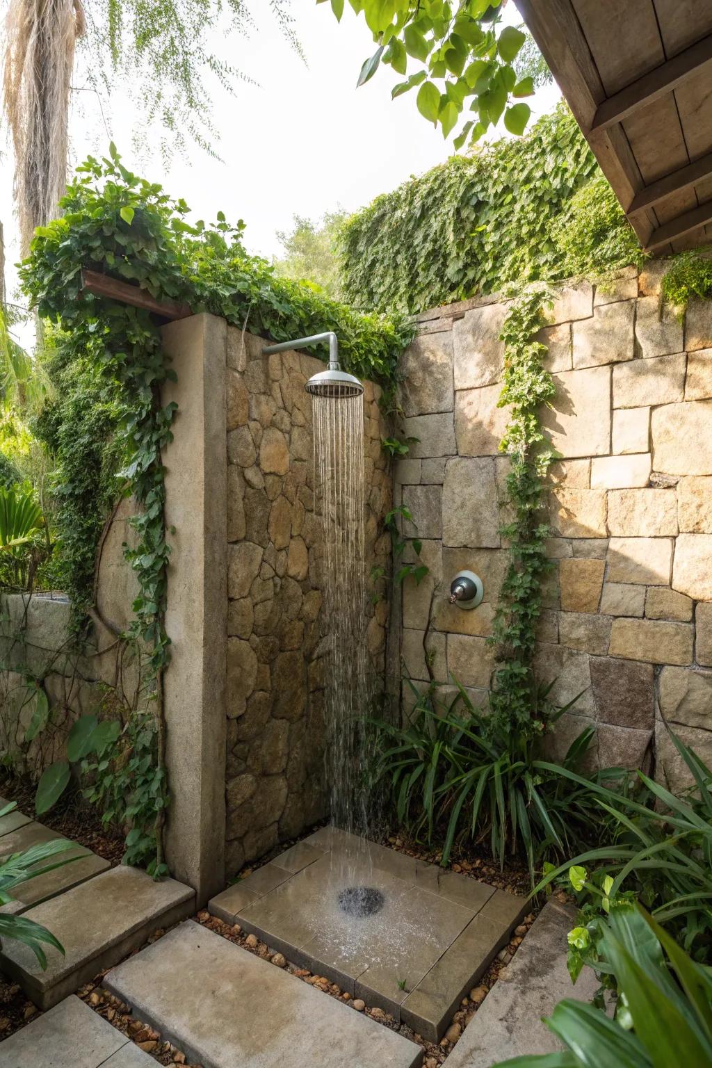 Embrace nature wholeheartedly with a natural stone shower sanctuary.