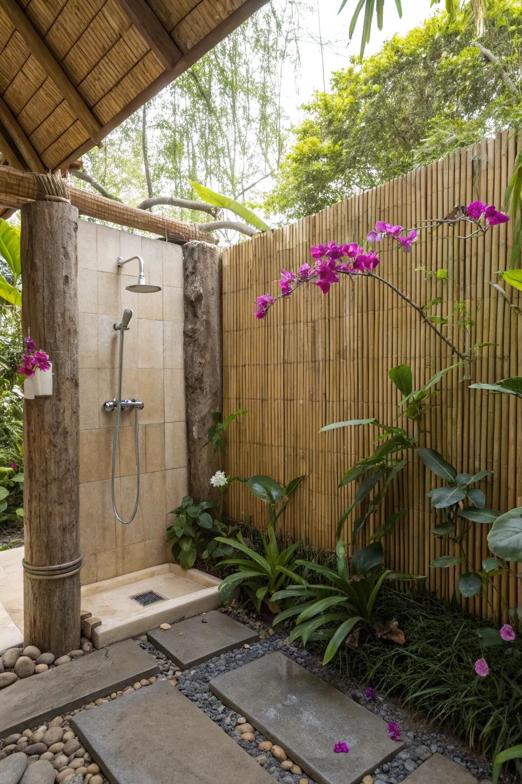 A tropical-inspired outdoor shower featuring bamboo walls and orchids.