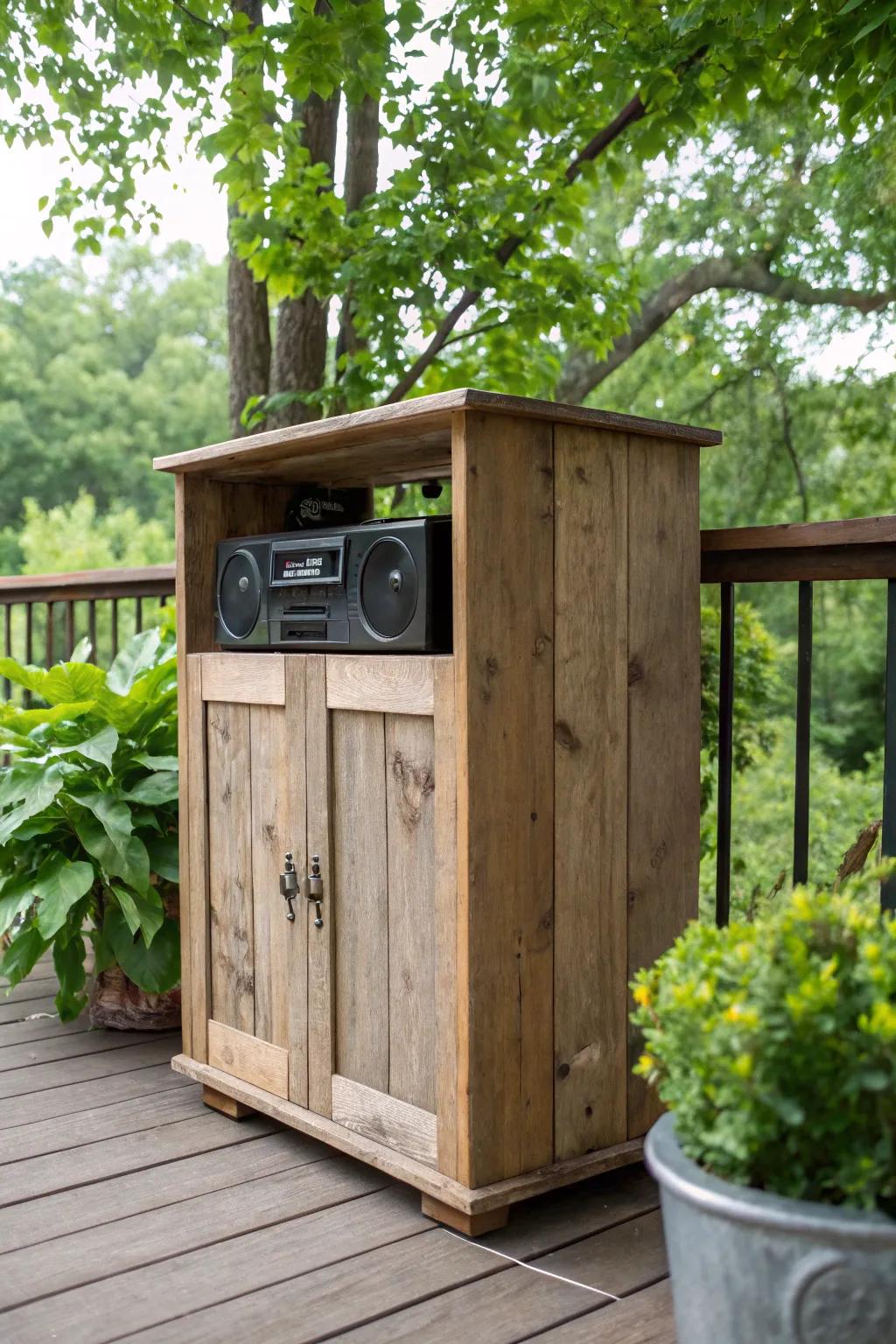 A weatherproof wooden enclosure merges flawlessly with outdoor environments.