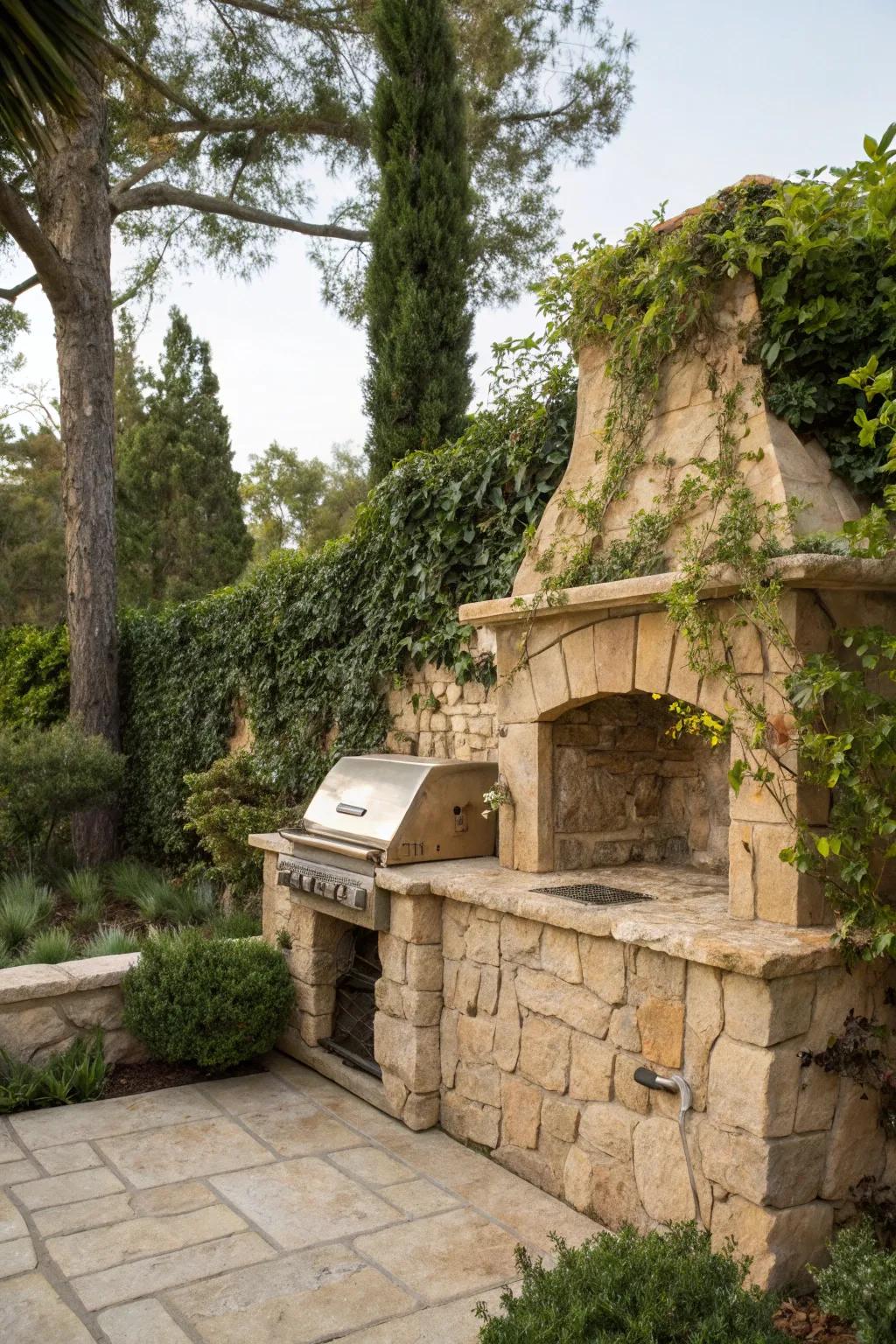 An inset stone grill harmonizes beautifully with garden walls, achieving a unified aesthetic.