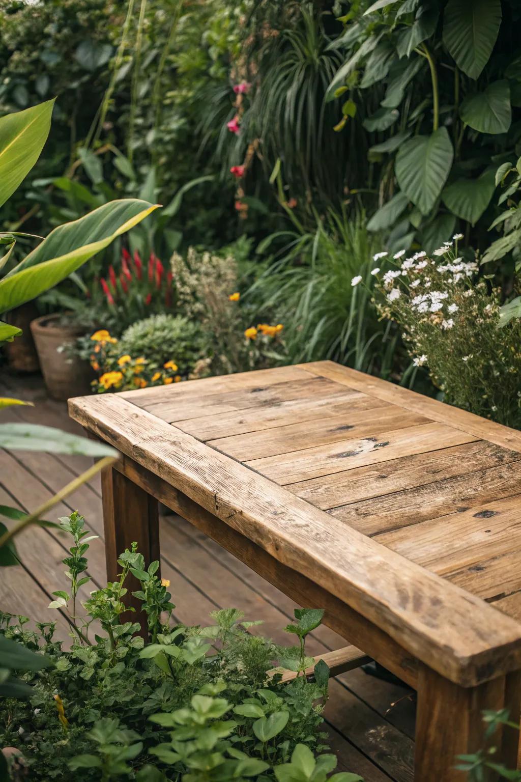 A country wood table surface brings a natural, cozy feel to your outdoor space.
